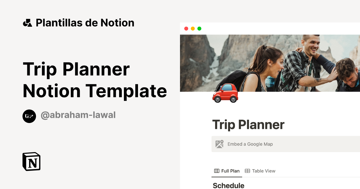 Trip Planner Notion Template Plantilla de Notion
