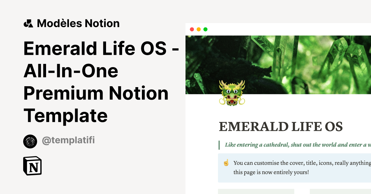 Emerald Life OS AllInOne Premium Notion Template Modèle Notion