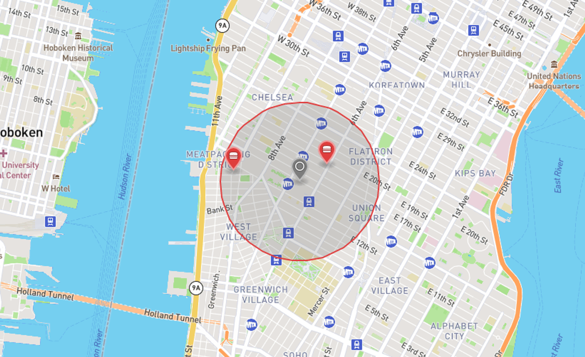 Imaginary Restaurants in Midtown Manhattan. Map courtesy of http://geojson.io/