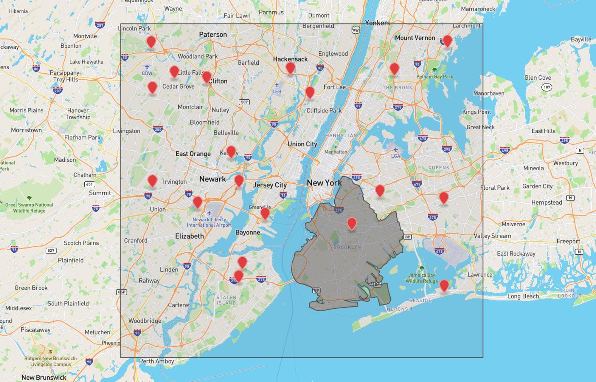 Randomly generated points of interest in the NYC area. Base map courtesy of http://geojson.io/
