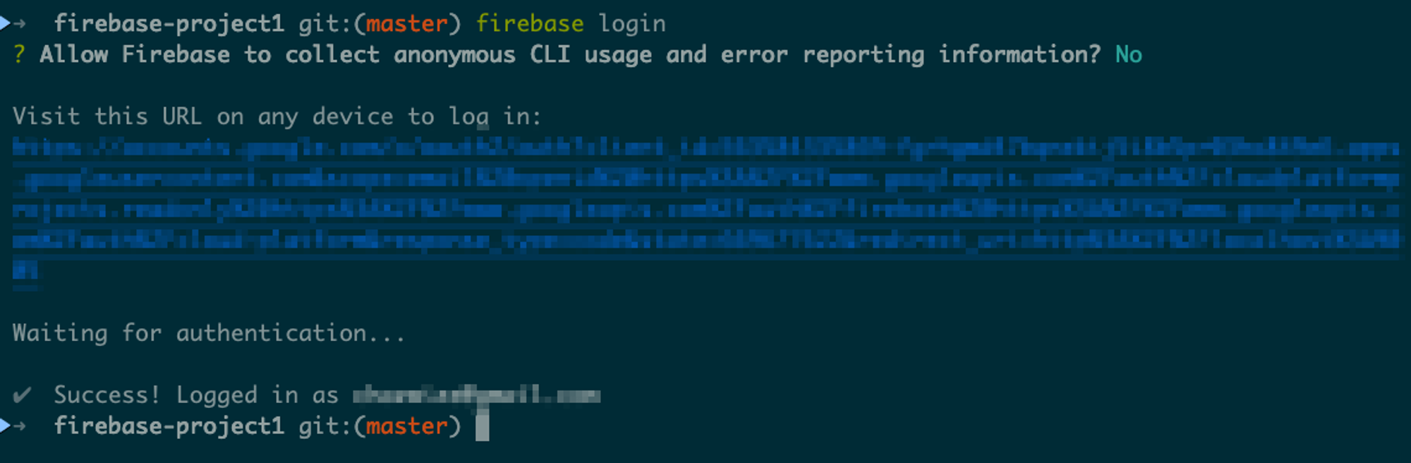 firebase login 이 정상적으로 완료된 모습.