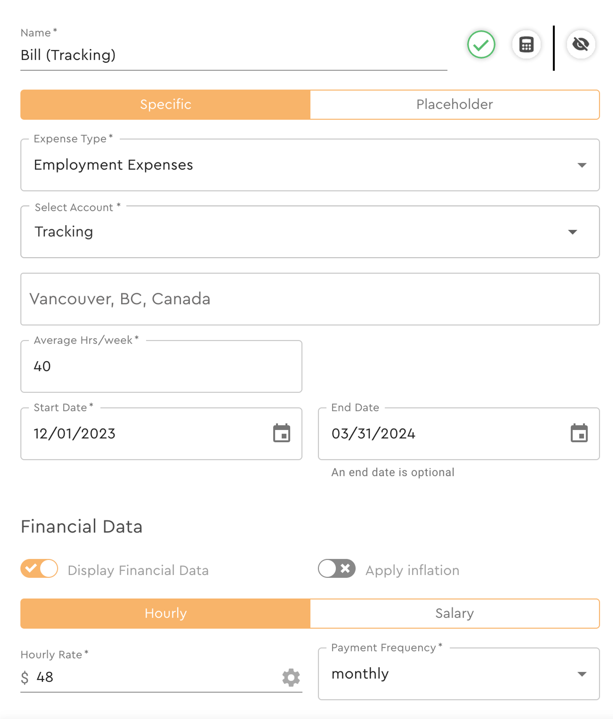 Interface for an individual employee and an hourly rate calculation.