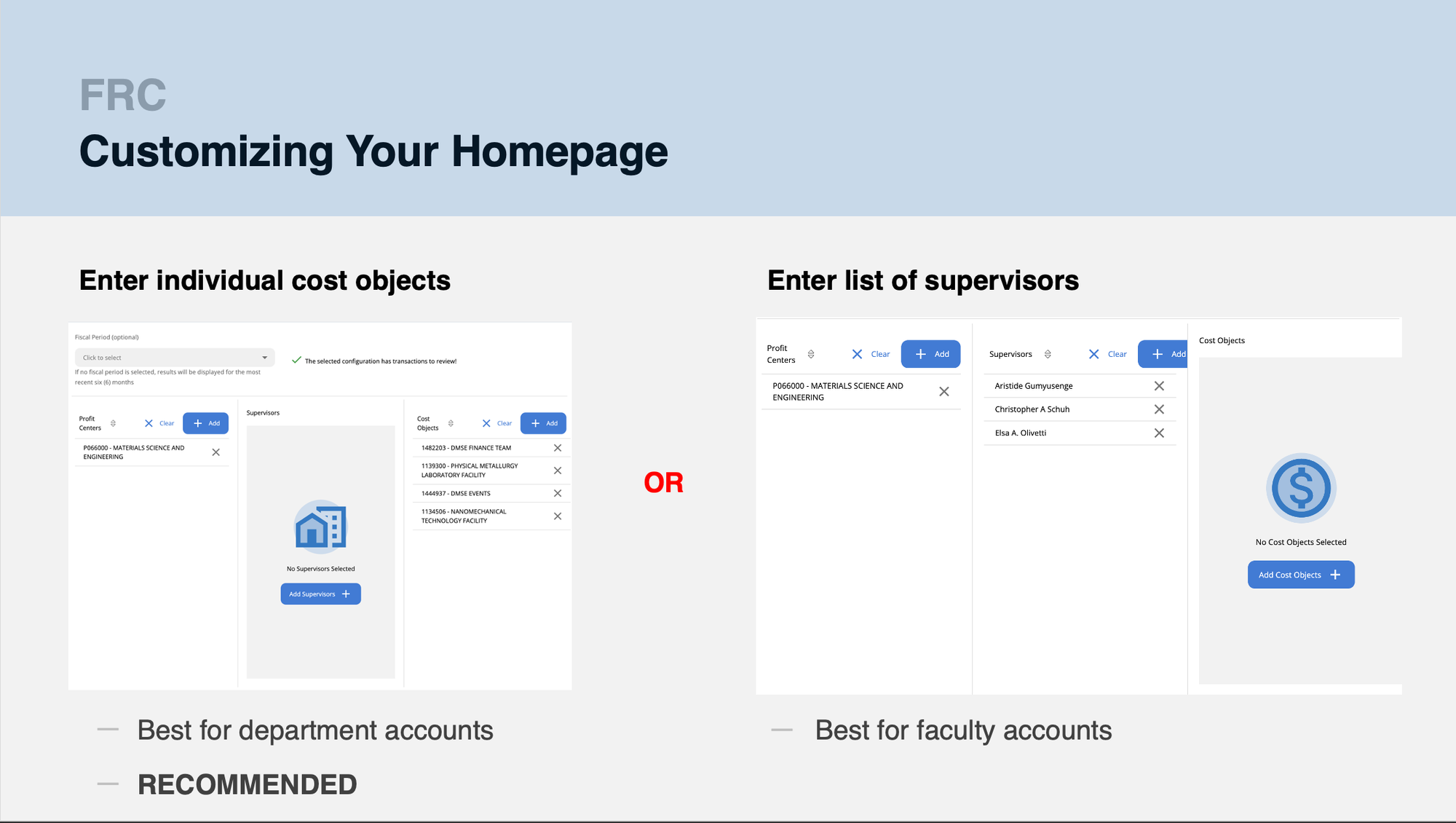 Accounts or Supervisors entered on your homepage will save from month to month, so you only need to set up this page once and add in new accounts as you receive them. 