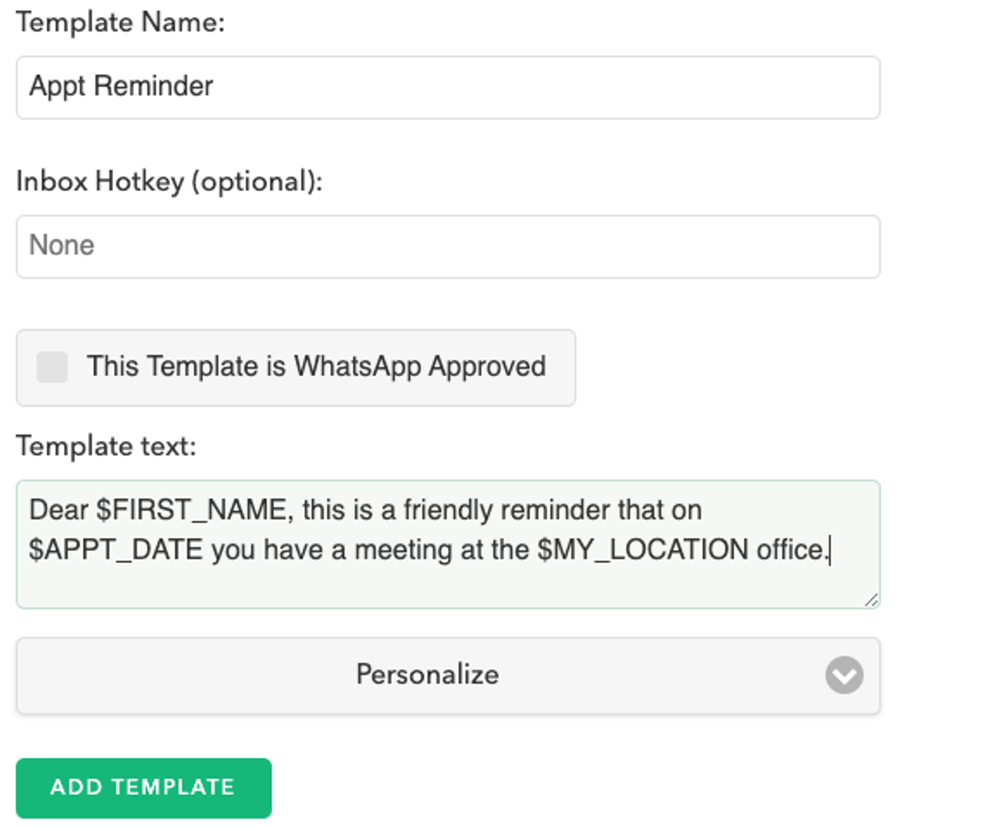 Creating a Template in Avochato under “Settings > Templates”. Templates can be used anywhere including when sending messages from Salesforce Flow Builder, Campaigns, or directly in the chat box.