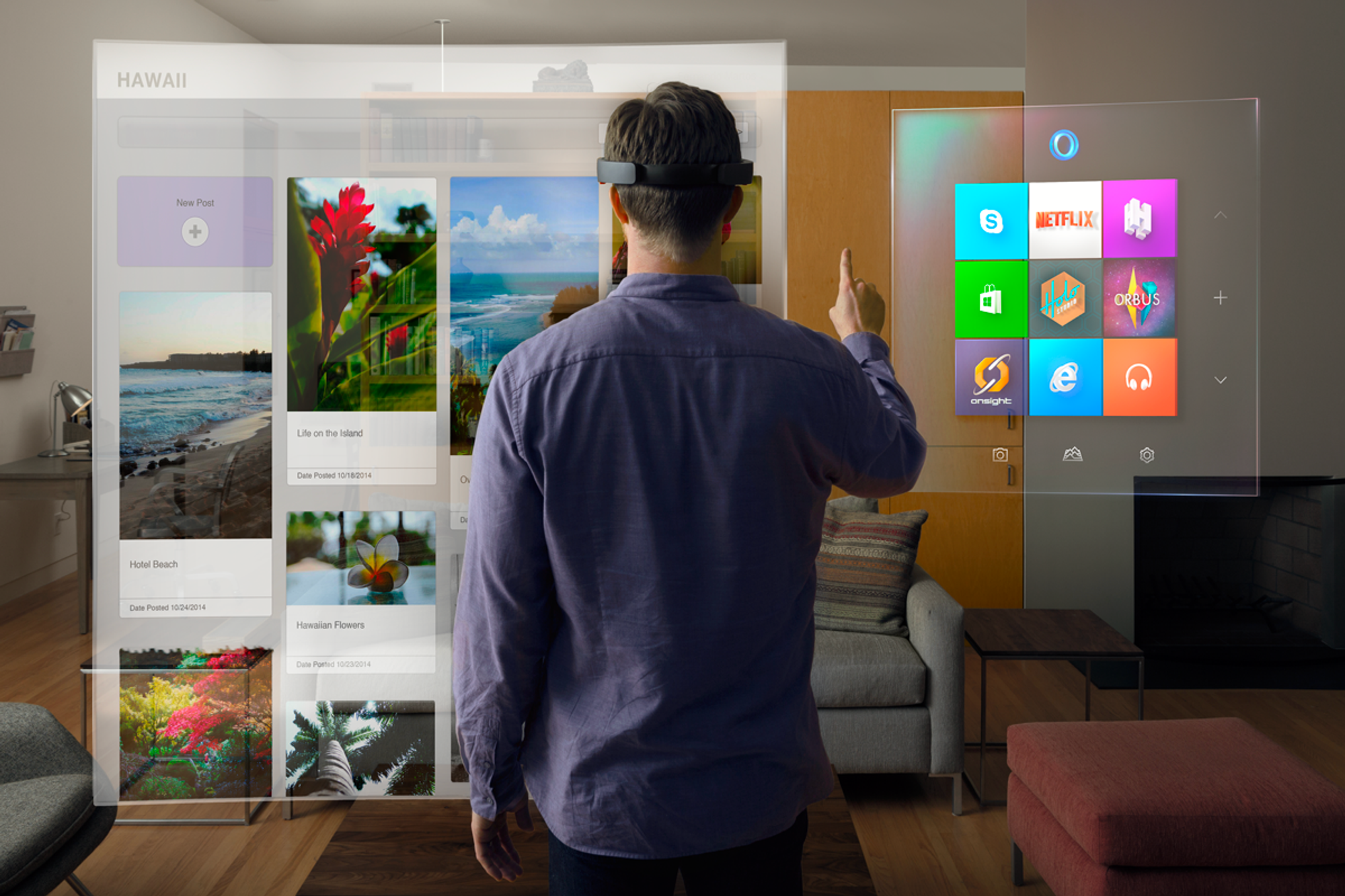 HoloLens 虚拟窗口，图片来源：Microsoft