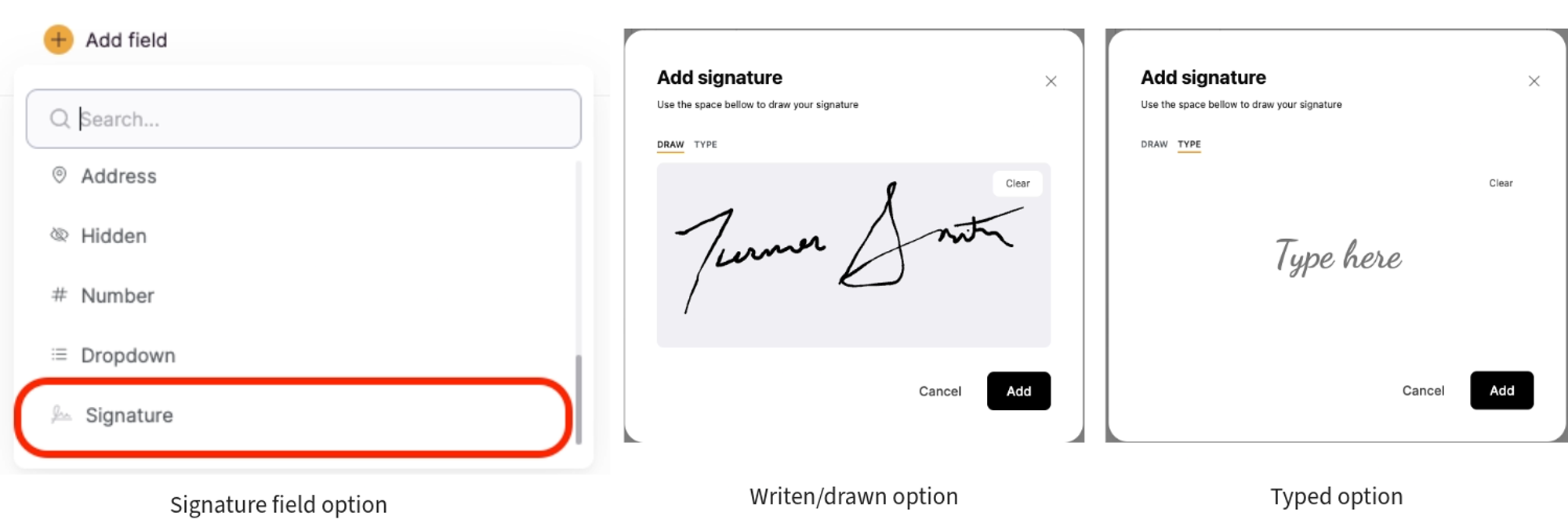 Signature field selection and draw or type option modals