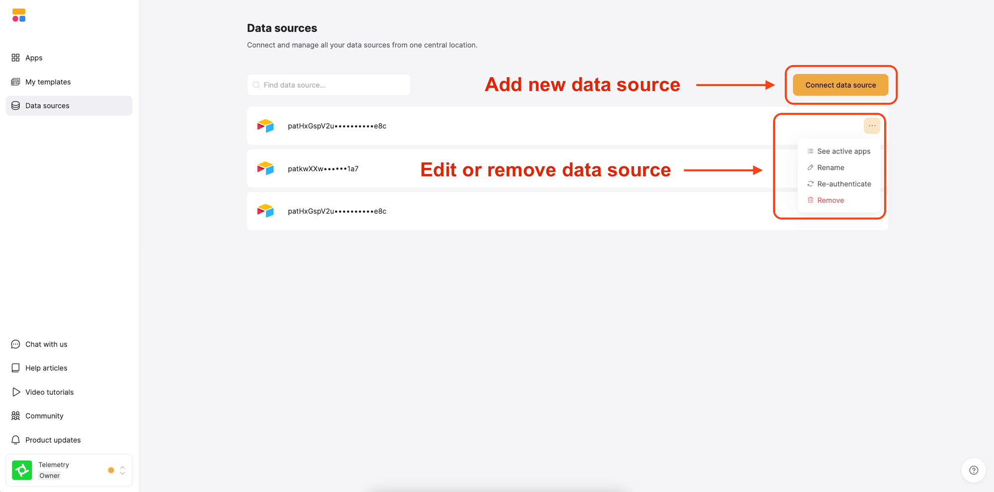 Add, edit, or remove a datasource using the buttons on the dashboard