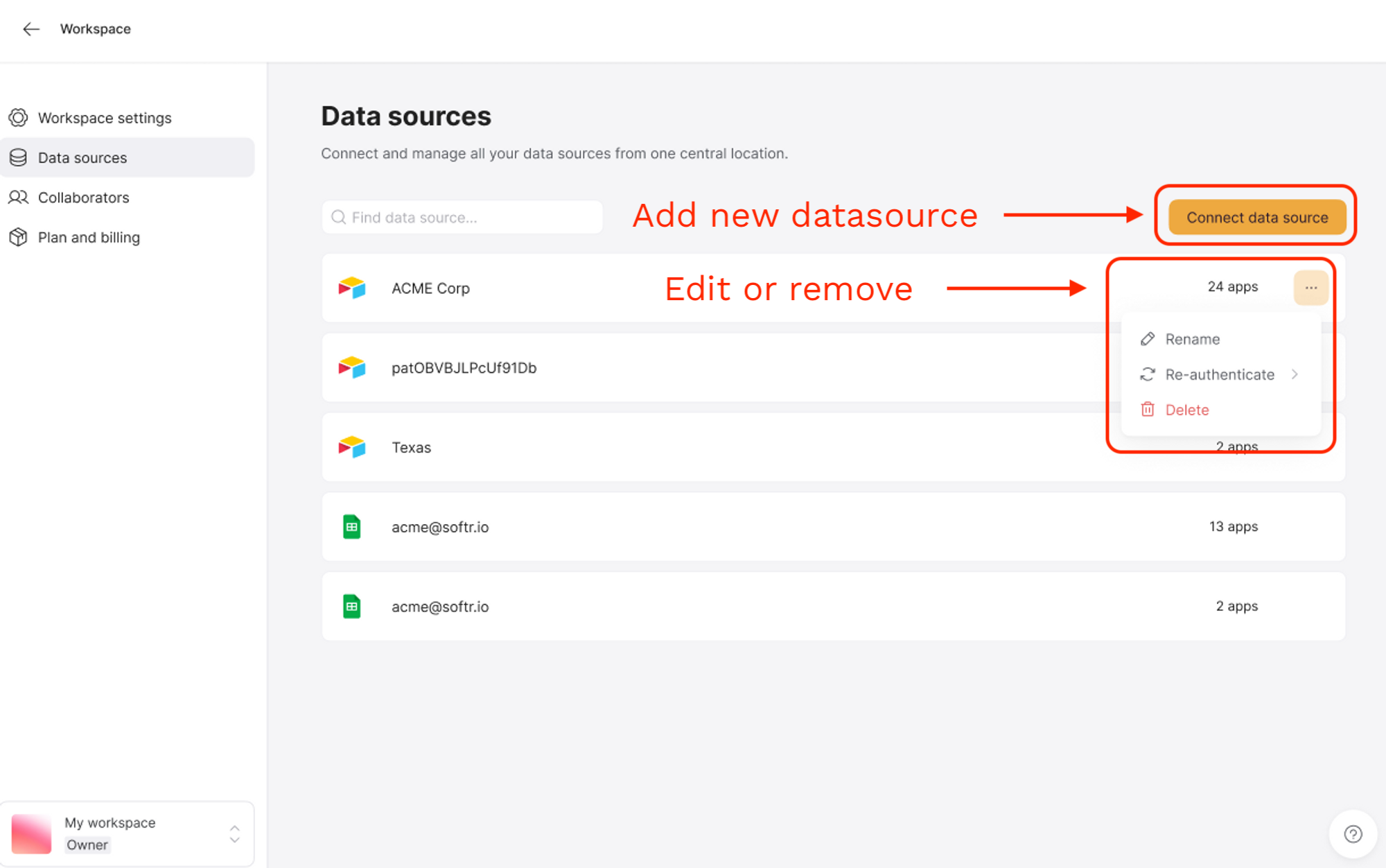 Add, edit, or remove a data source using the buttons on the dashboard