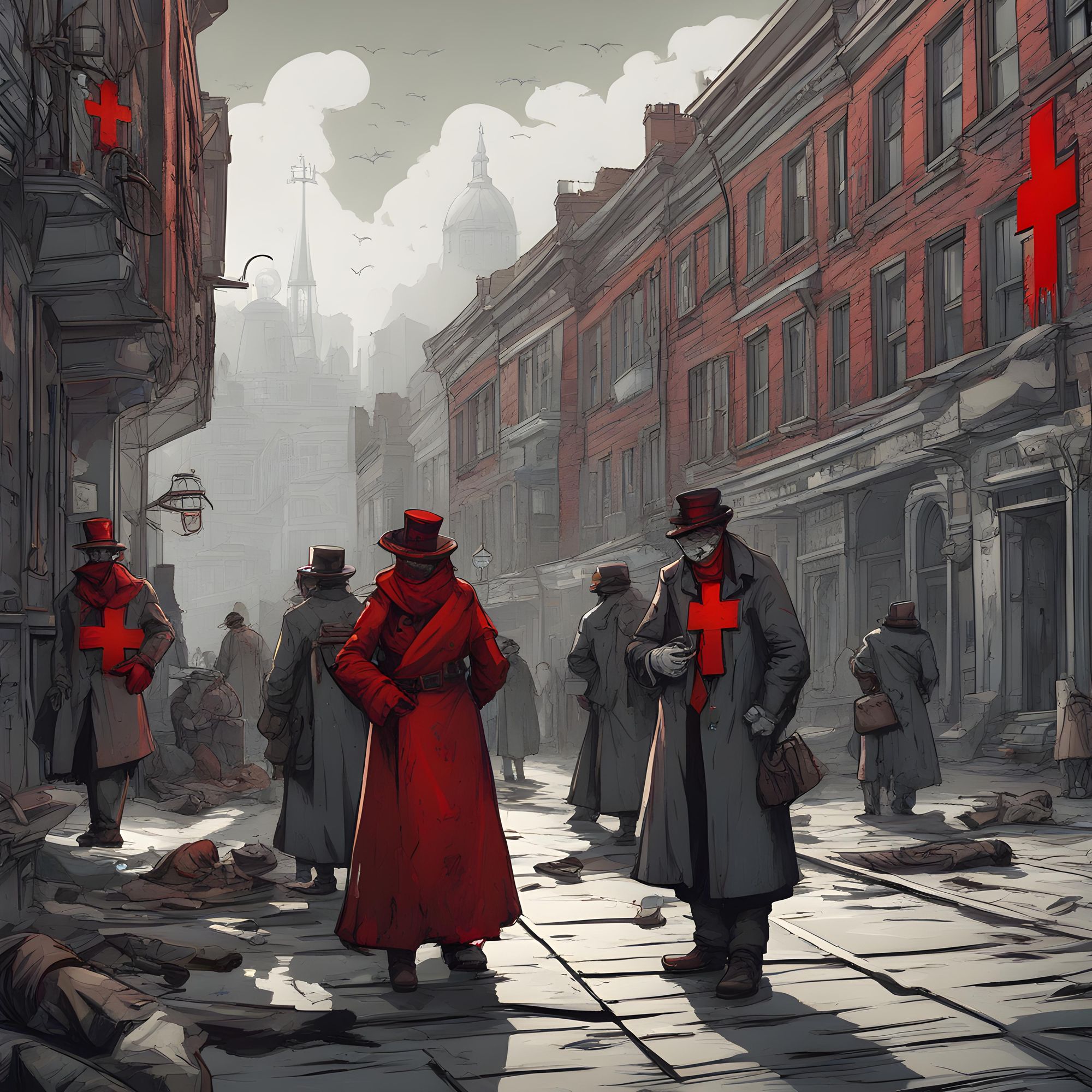 Some streets in the hospital distrcit are cleaner than others. Sometimes the sick are simply dumped in the streets. Doctors with their red crosses attend to what remains.