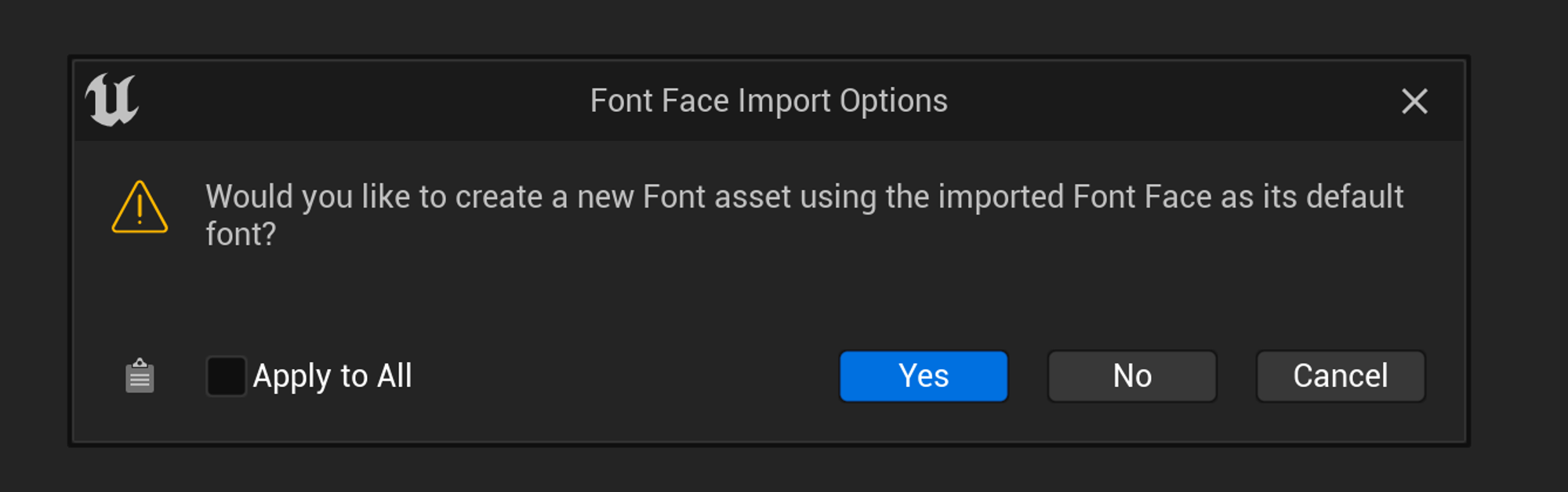 The prompt to create a new Font asset 