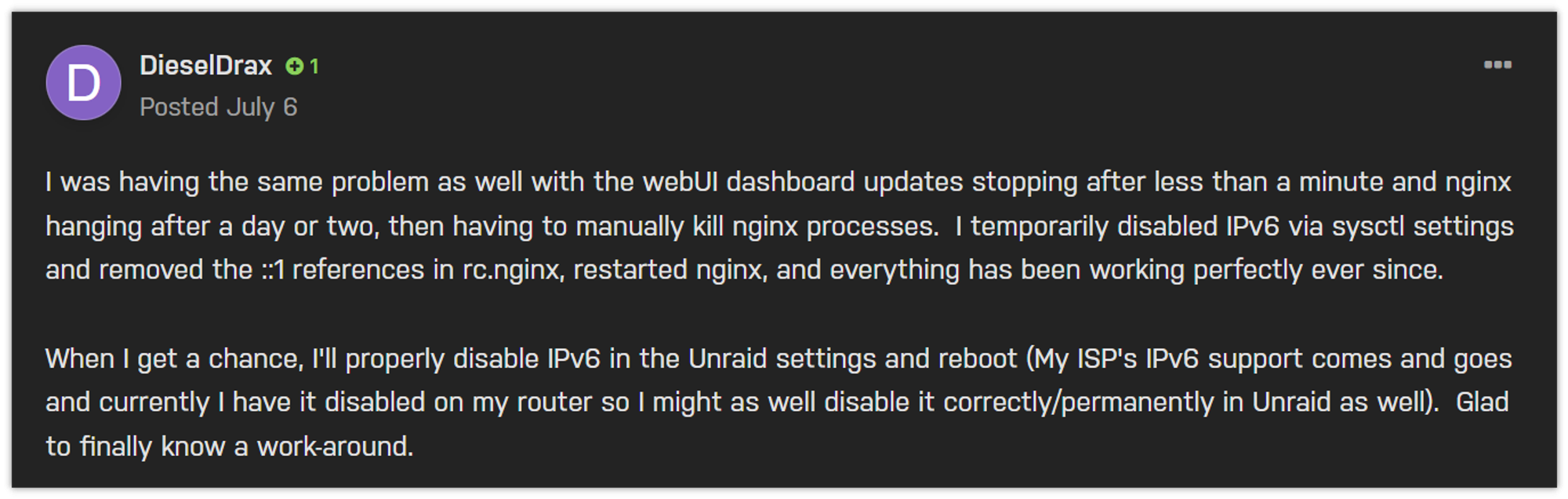 链接：https://forums.unraid.net/bug-reports/stable-releases/612-unraid-webui-stop-responding-then-nginx-crash-r2451/?do=findComment&comment=25287