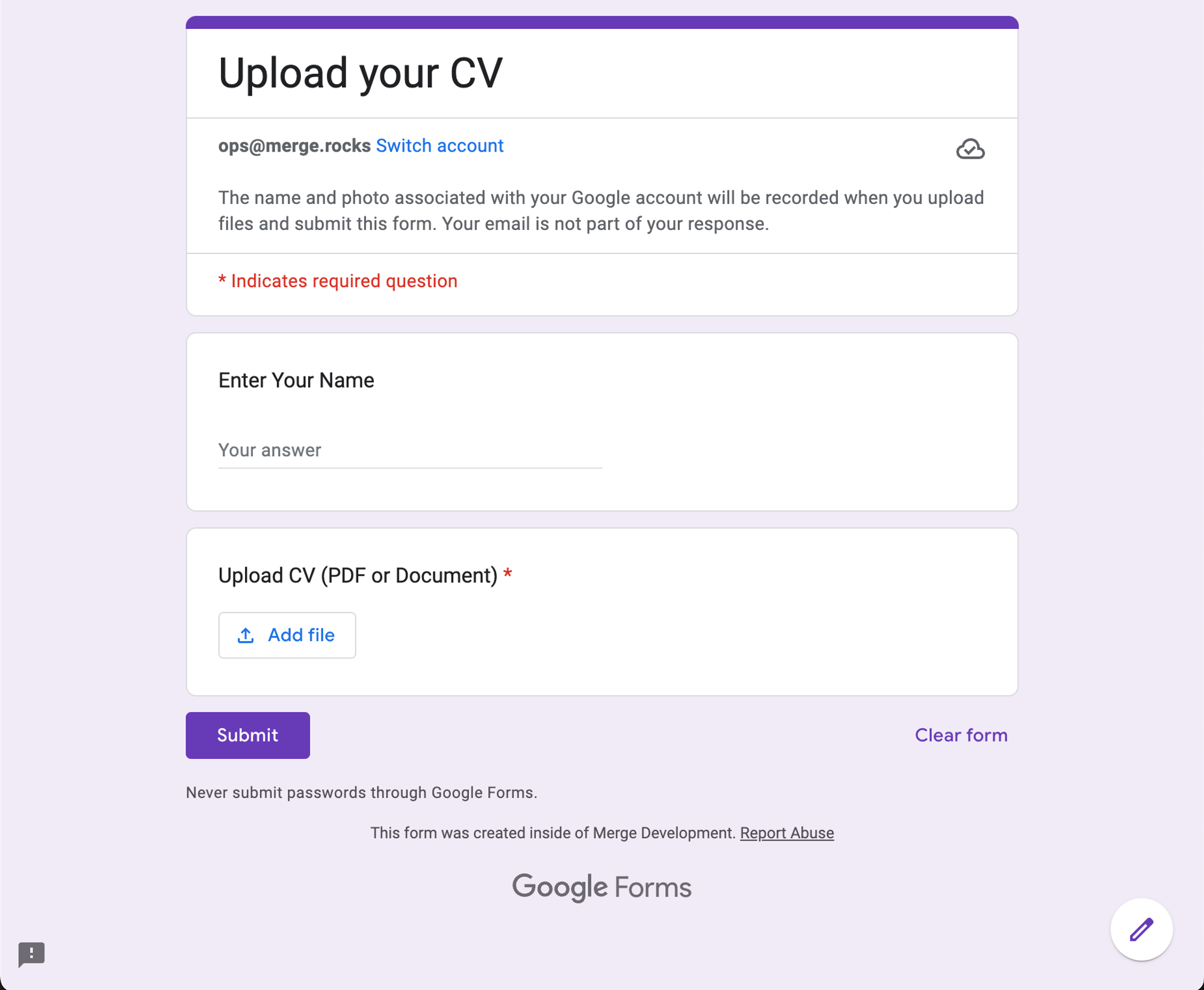 Google Form for CV submission