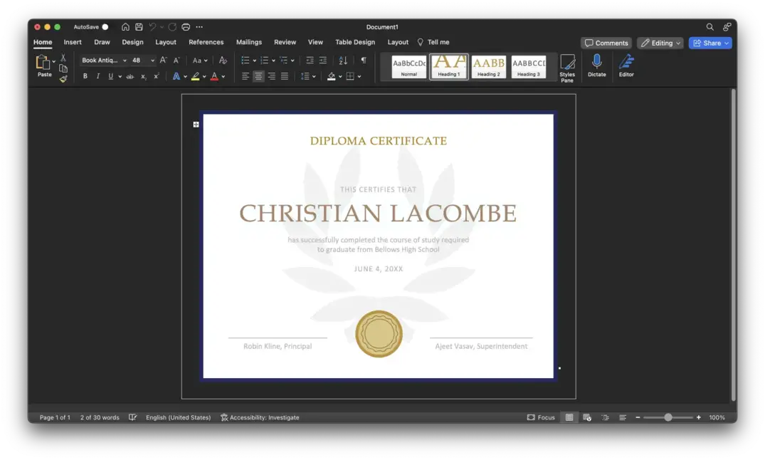 Editing a certificate in MS Word