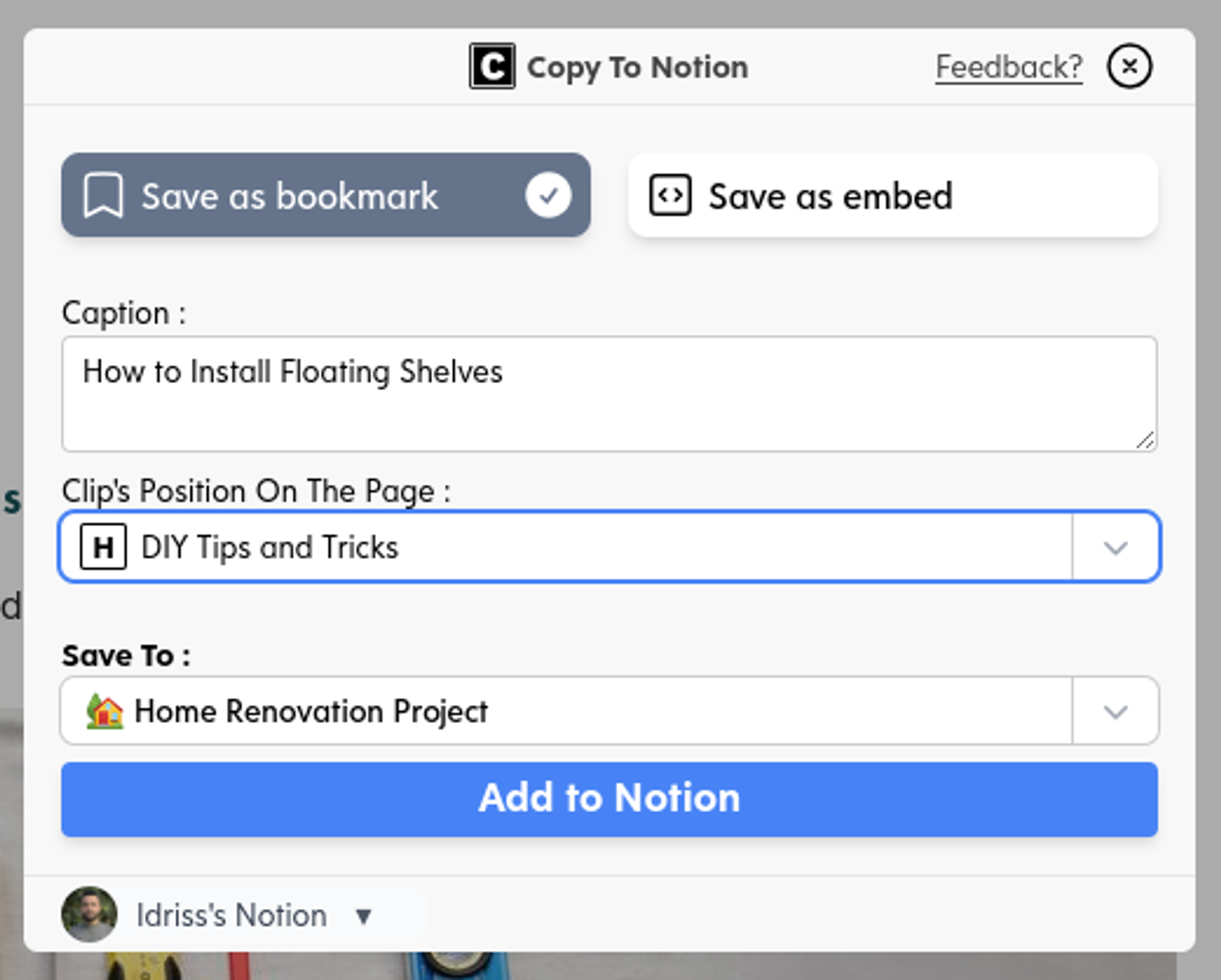 Bookmarking into a Notion page interface