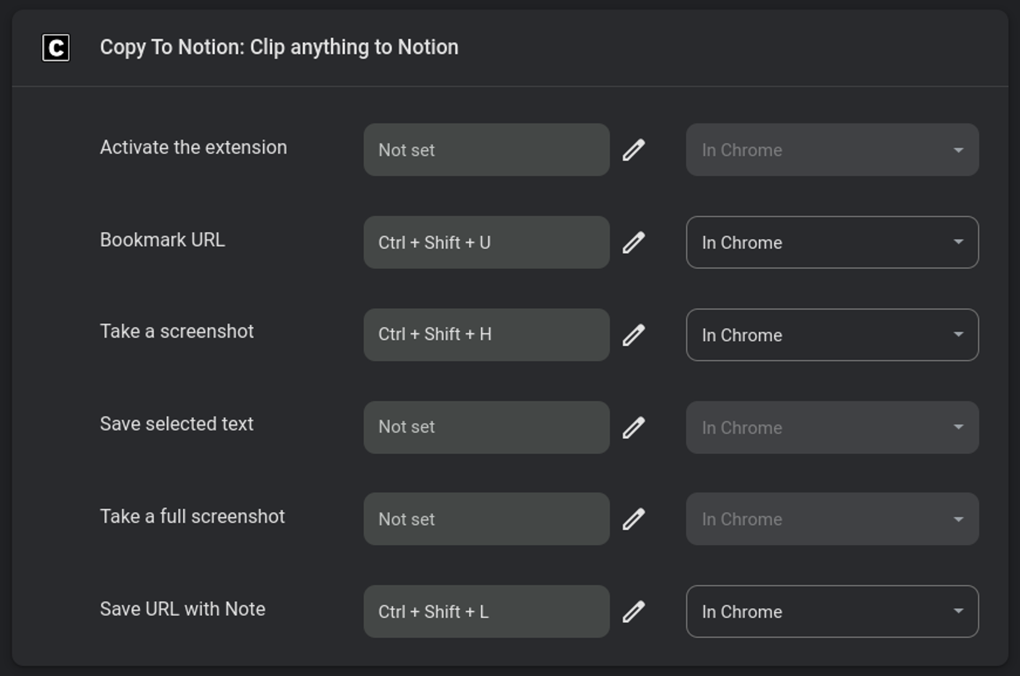 Interface for setting Copy To Notion keyboard shortcuts