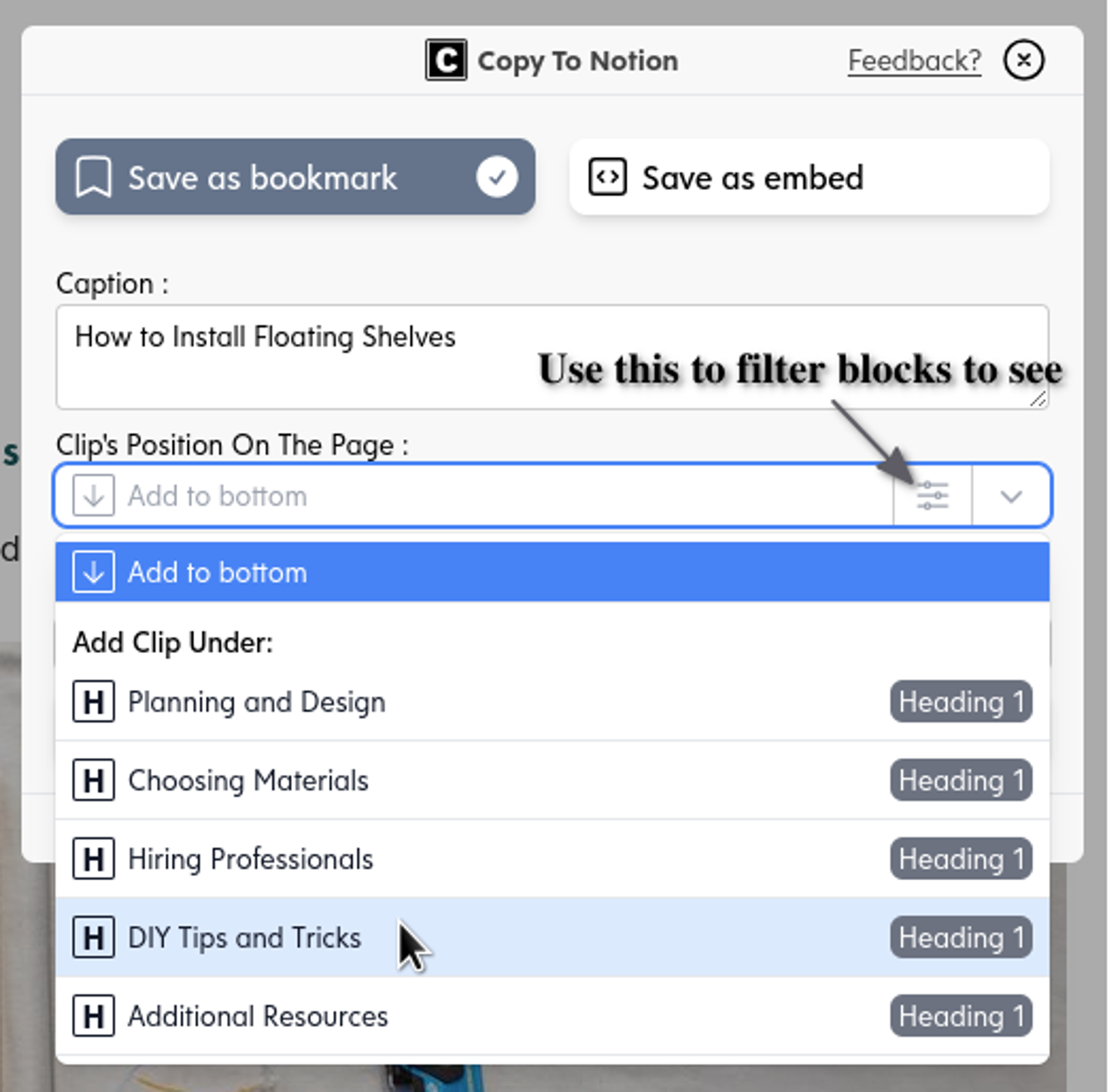 Selecting the specific block under which the bookmark will be saved
