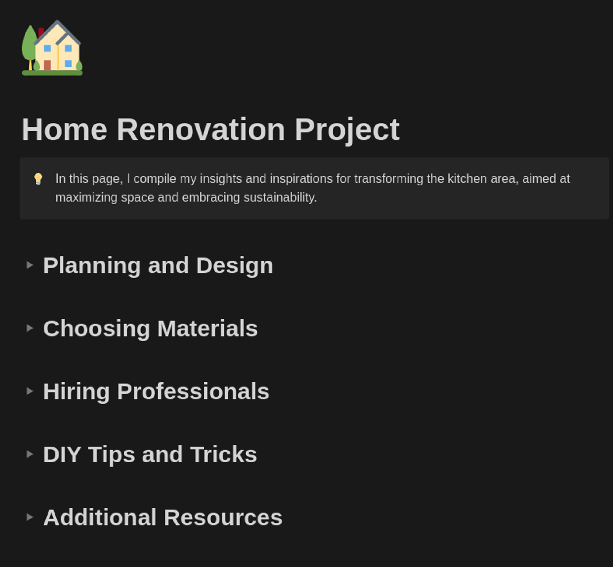 Home renovation project Notion page example