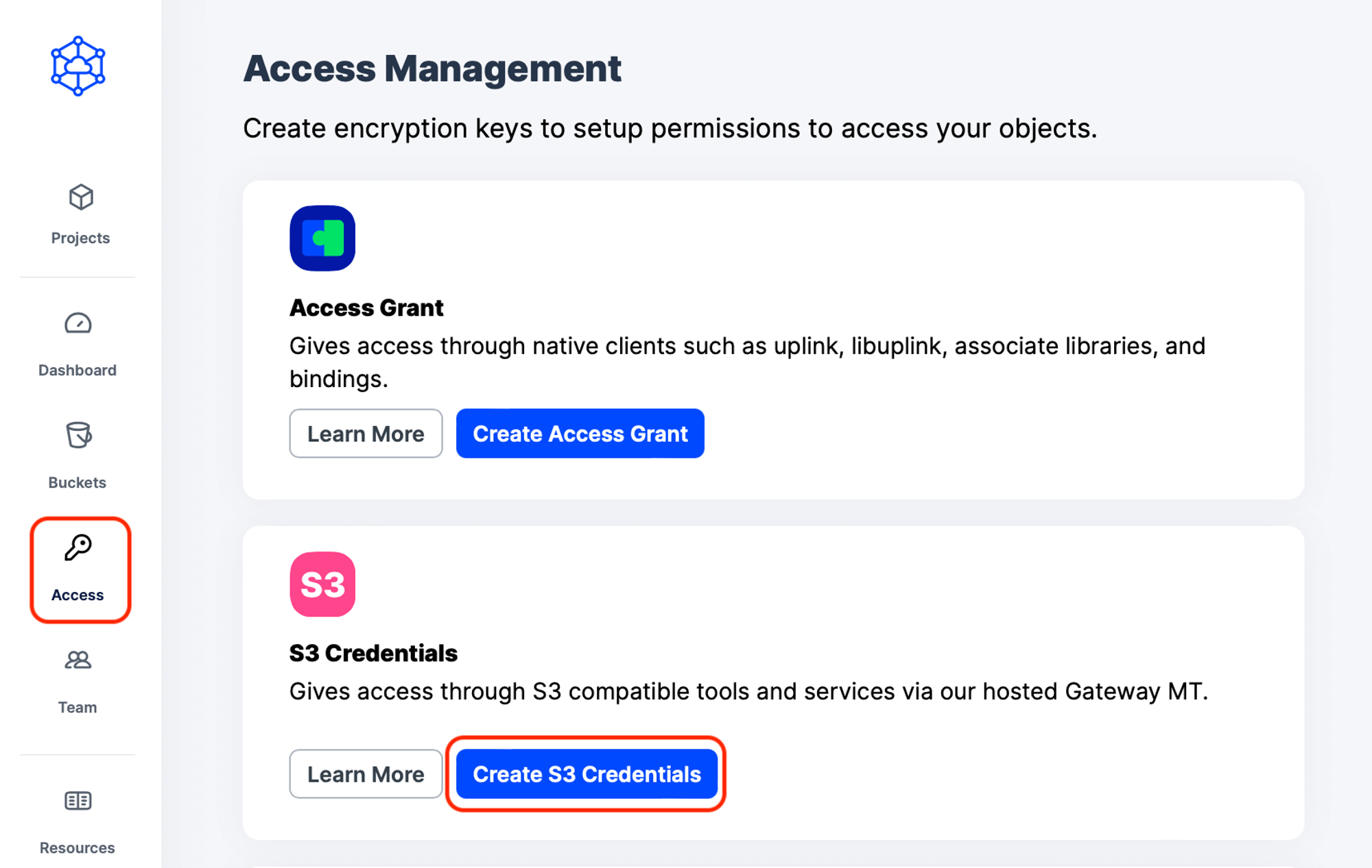 Create S3 credentials for Storj to use for Backups