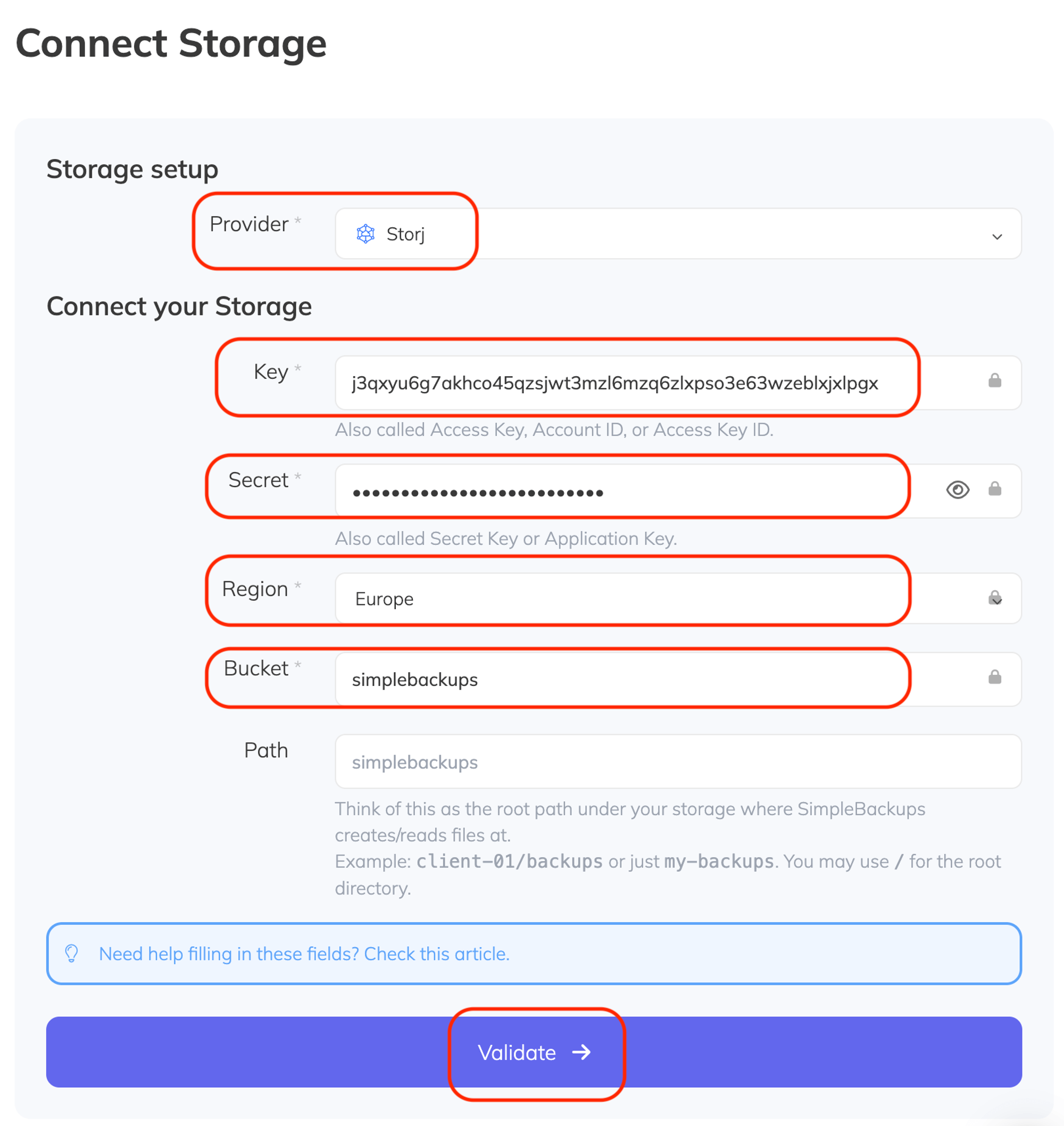 Connect Storj bucket to SimpleBackups