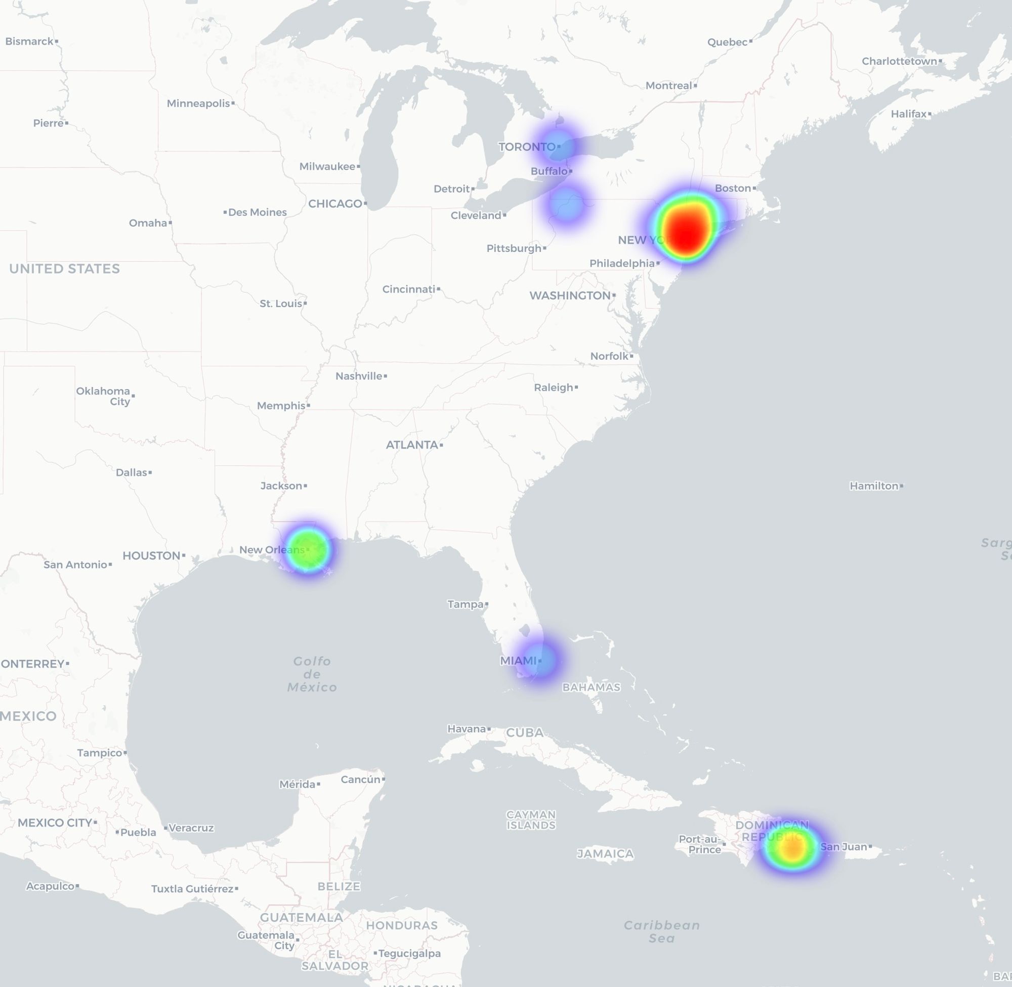 Heatmap showing the areas that I have been to. Miami, New Orleans, Dominican Republic, New York City Metro, Buffalo, Toronto.