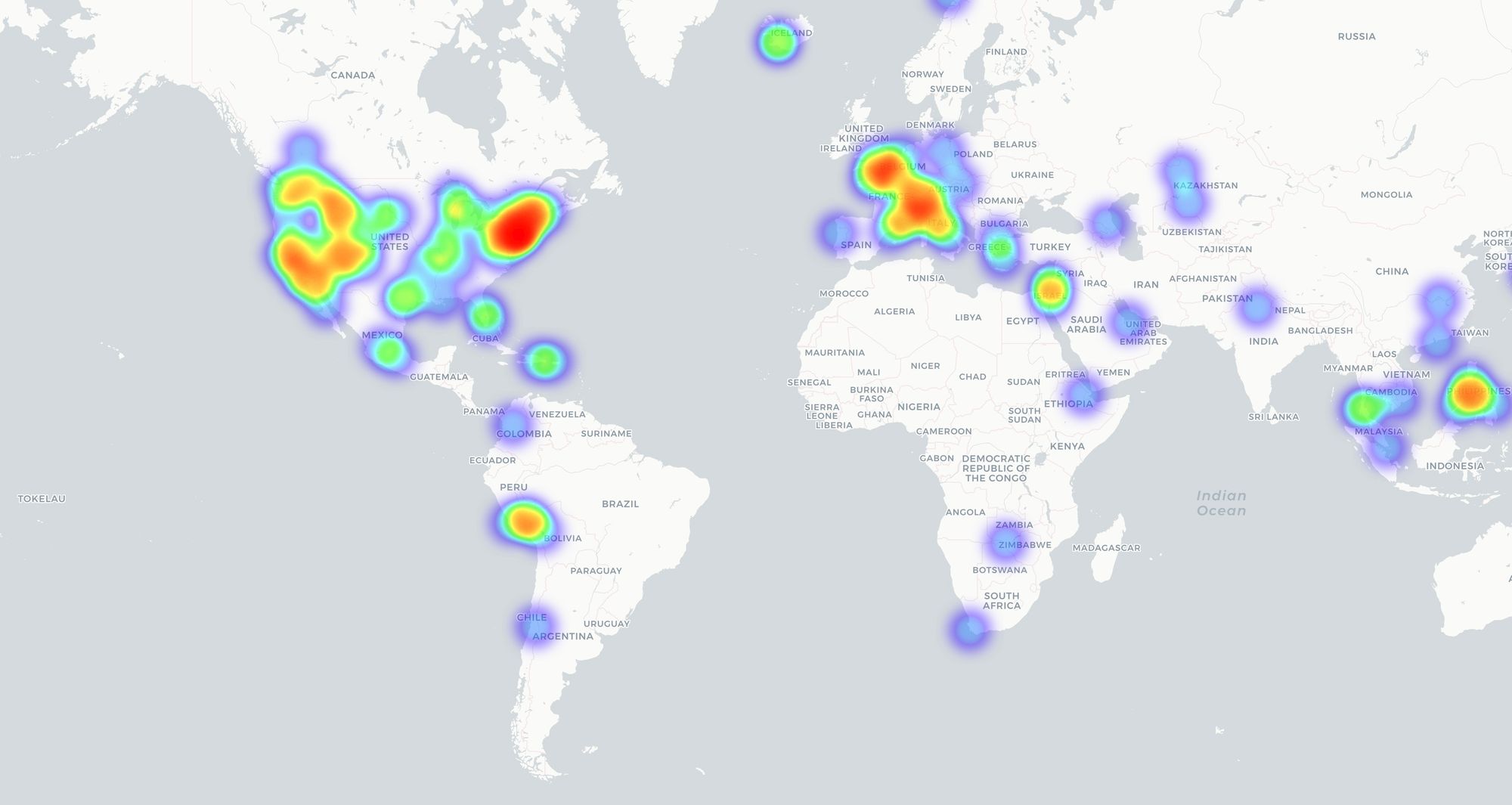 Heatmap showing all the places I want to go to.