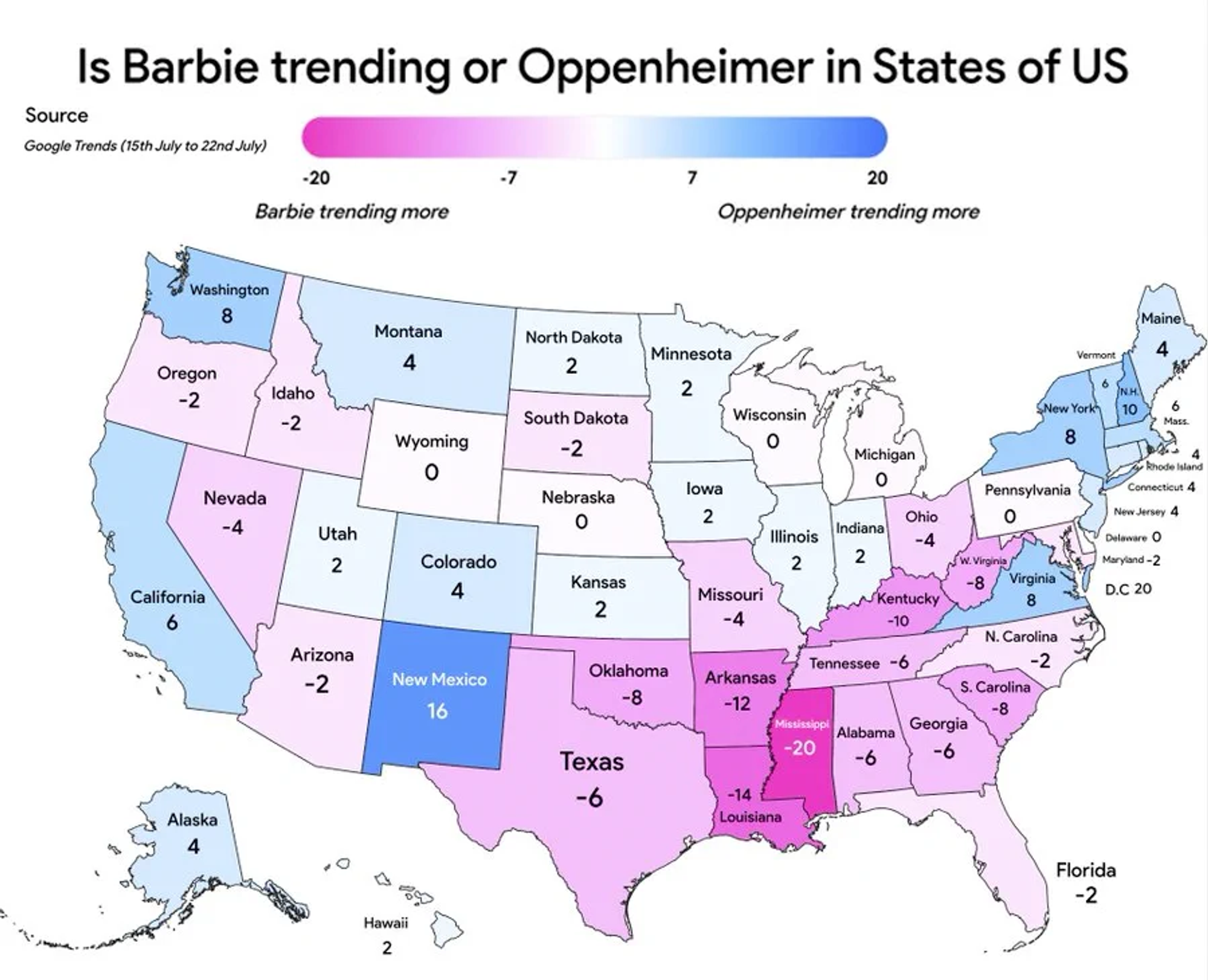 Carte qui montre en rose les états américains ayant regardé en majorité Barbie et en bleu les états ayant regardé en majorité Oppenheimer 