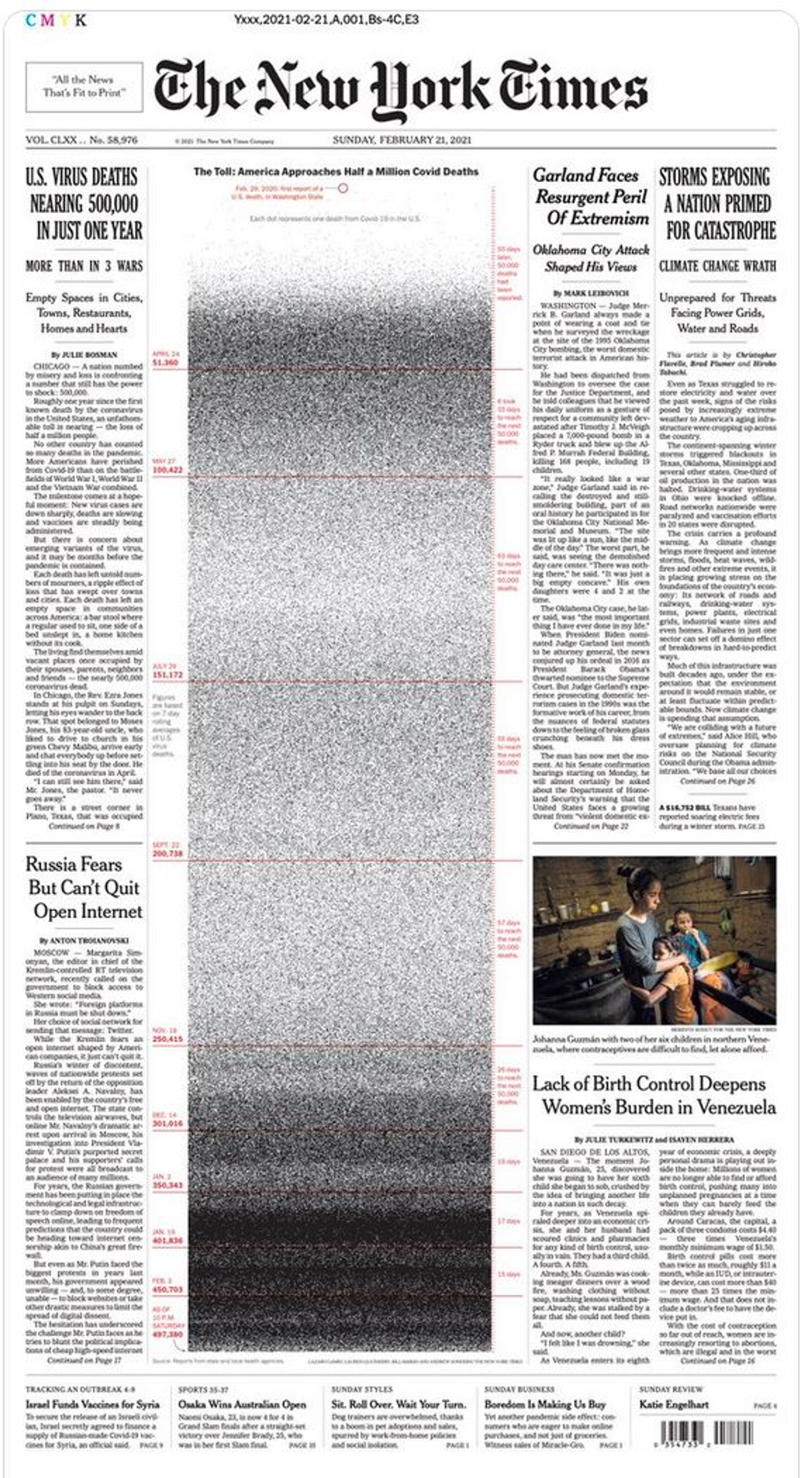 Le NYT time du 21 février 2021. Les 500 000 premiers morts de la COVID aux USA. 