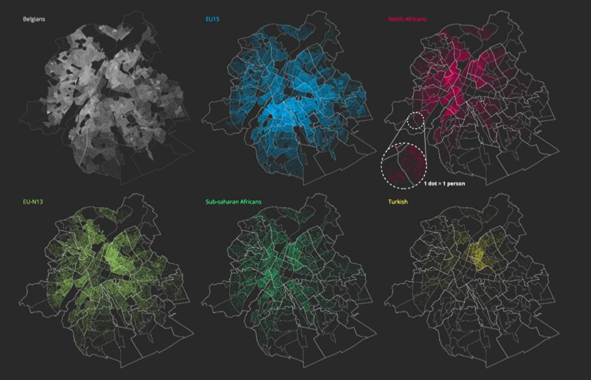 Carte de densité de population de la ville de Bruxelles. Chaque point correspond à une personne. Chaque couleur représente une communauté. Pour voir la réalisation et l’histoire qu’elle raconte  : ici