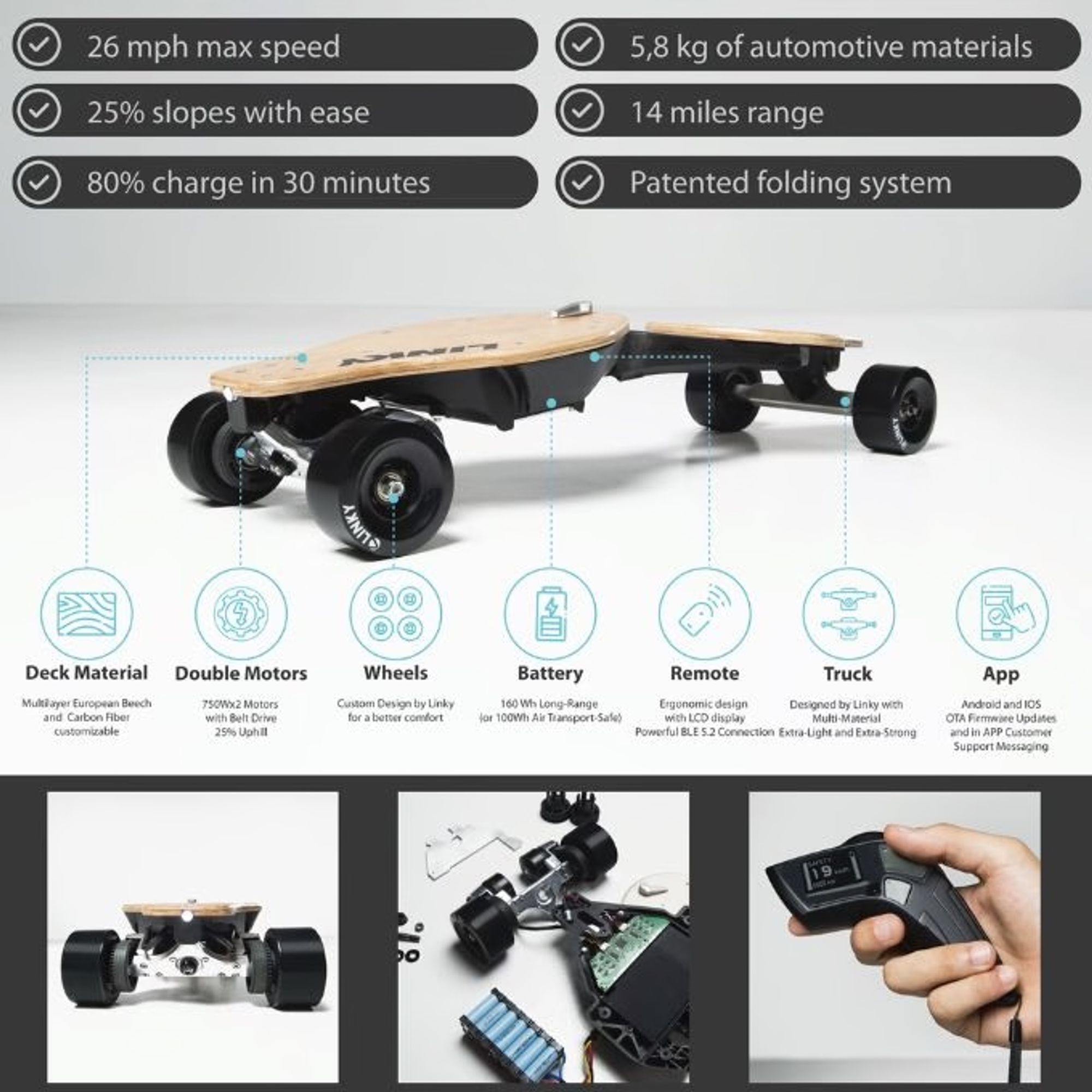 Folding electric long board 80% from Italy 