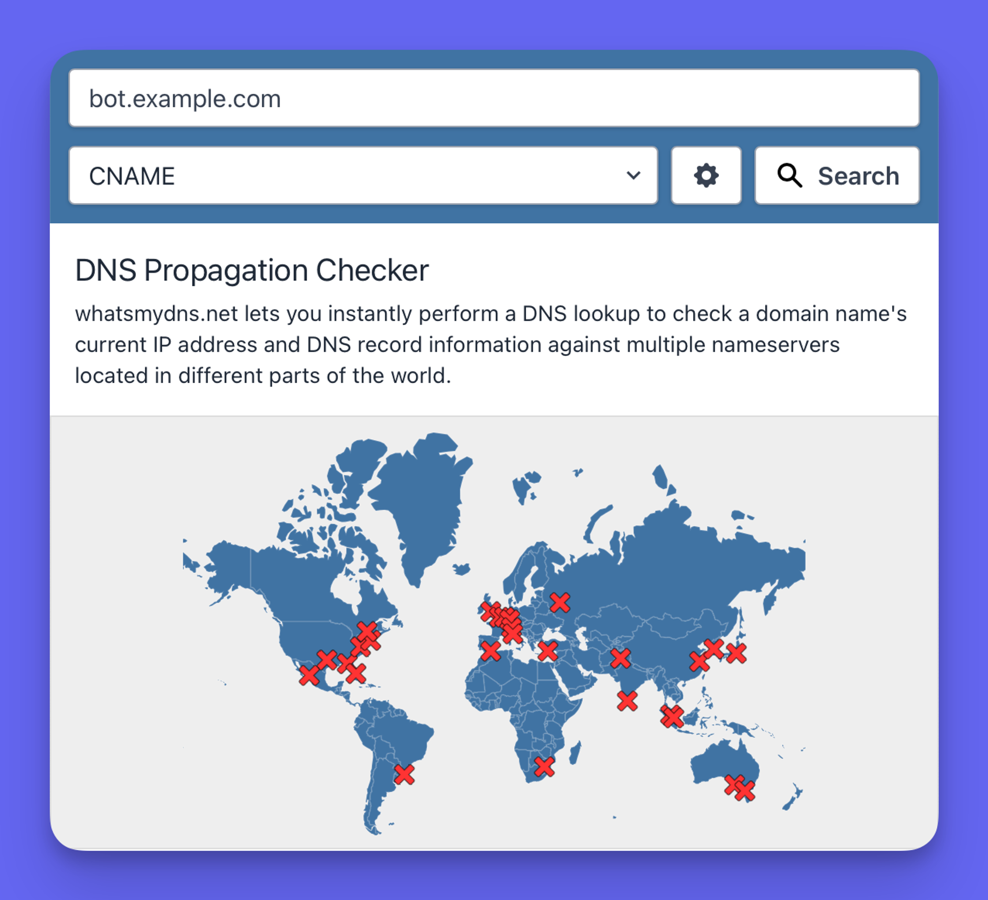 Custom Domains will be recognized by Chatwith only if they propagate correctly; the image above shows CNAME records that have not propagated yet or have not been set at all.