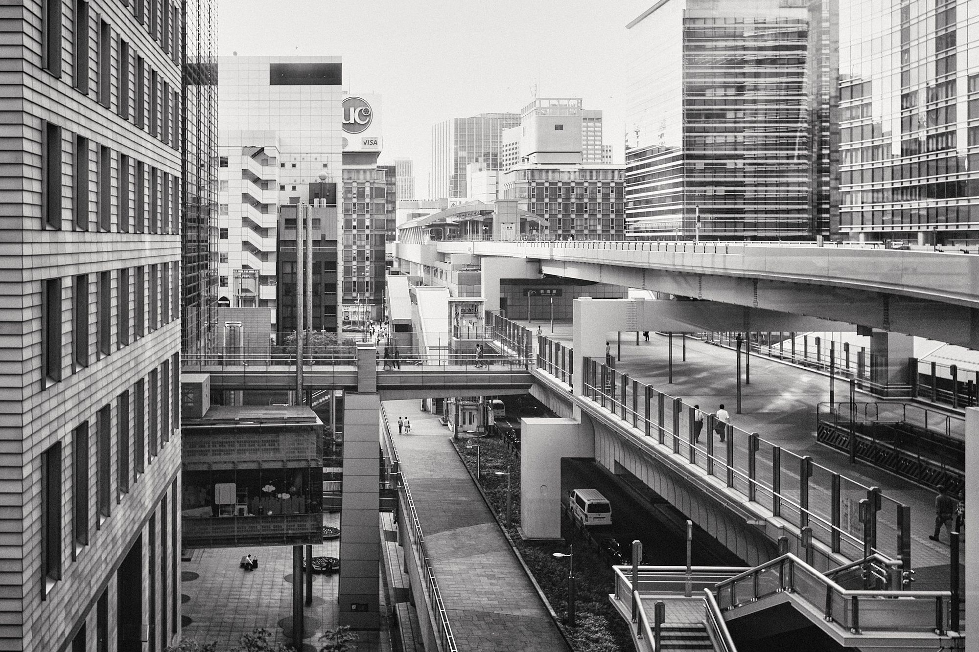 A black and white street scene from Tokyo, Japan