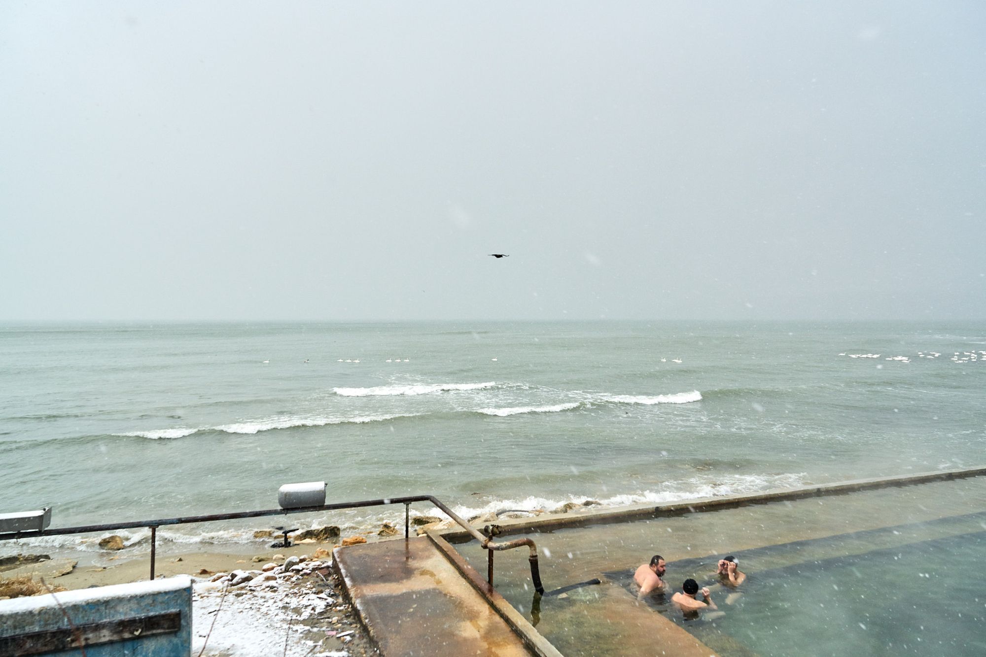 Three men bathing in a mineral water pool on the beach in Varna in winter time