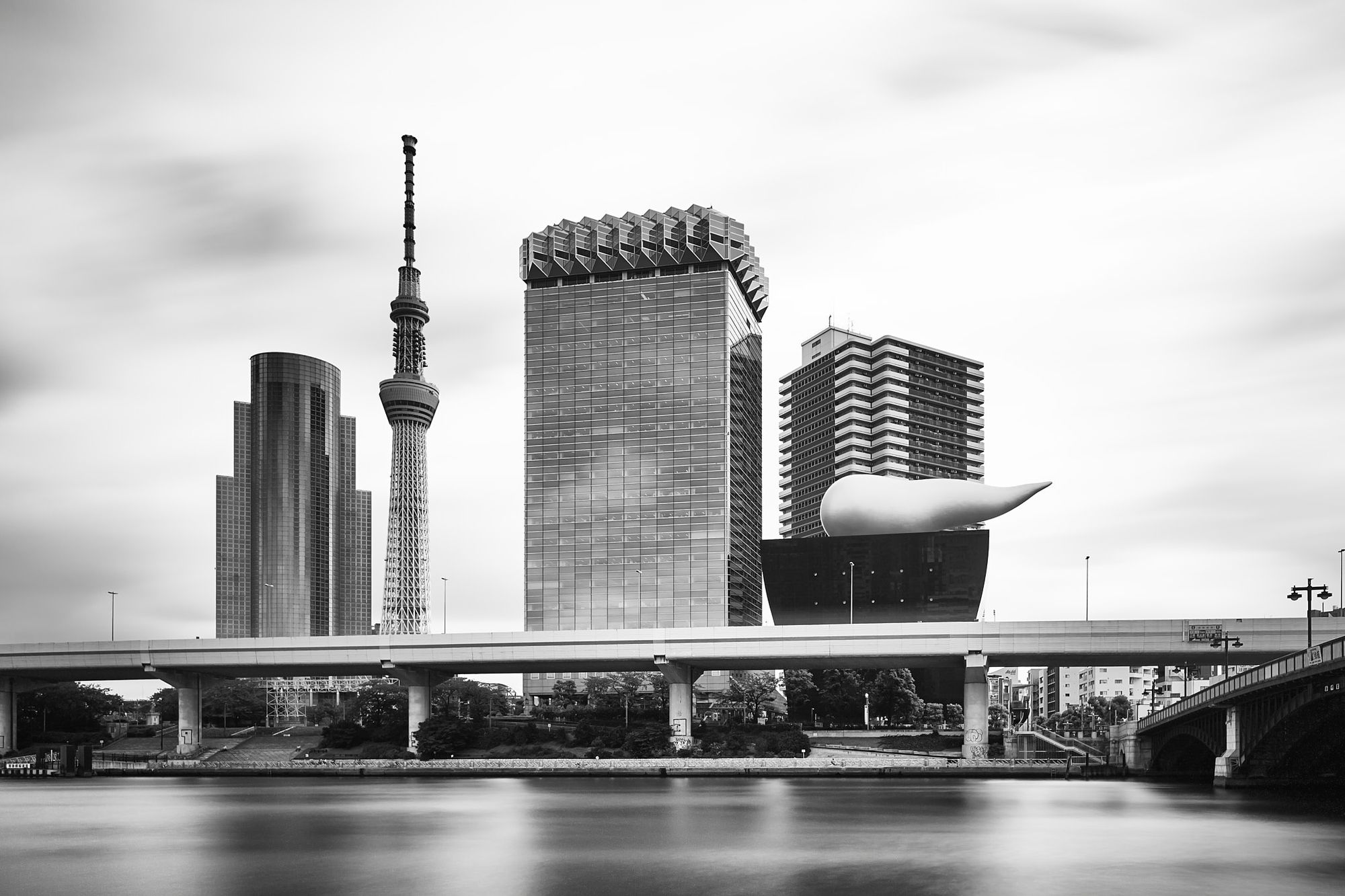 The Asahi Beer Tower and Sumida Park in Tokyo, Japan