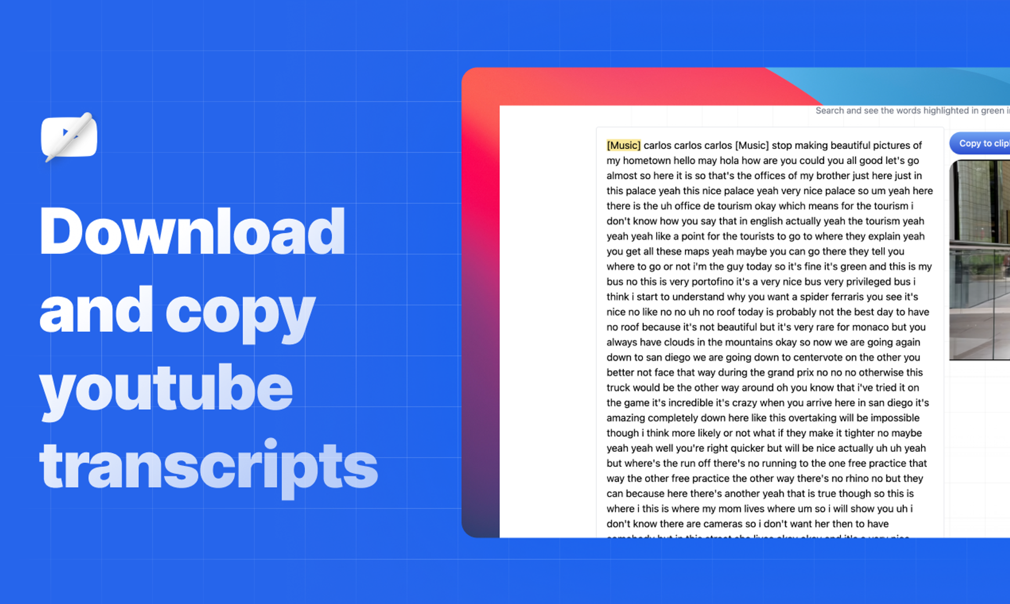 YouTube Transcription Tool - Download, Copy and Search Captions