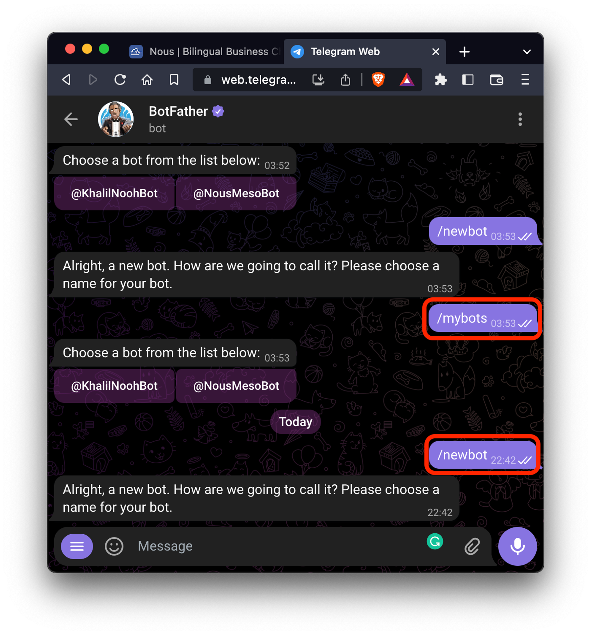 Screenshot: Create new or retrieve Telegram bot credentials