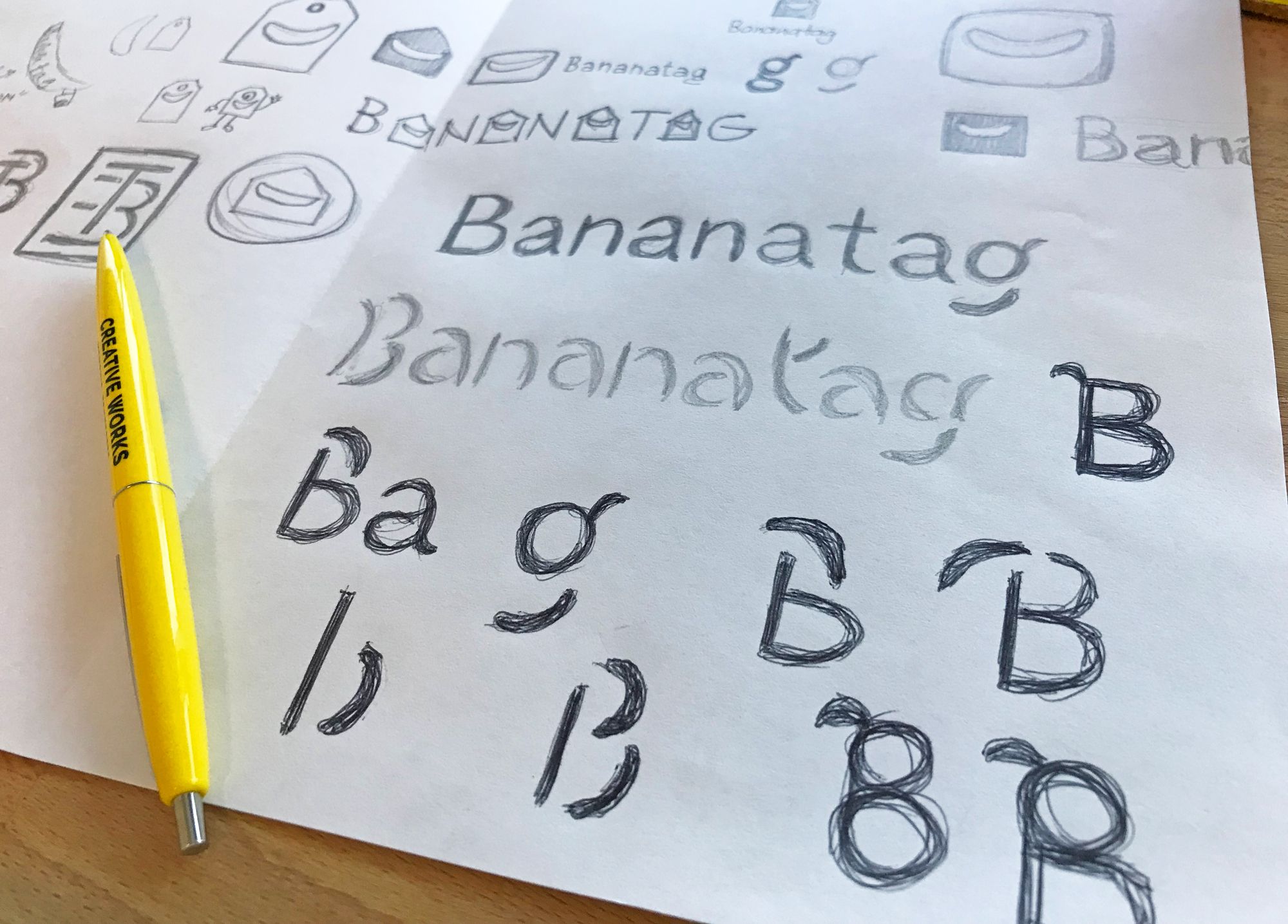 My sketches and design concepts that led to the new Bananatag branding