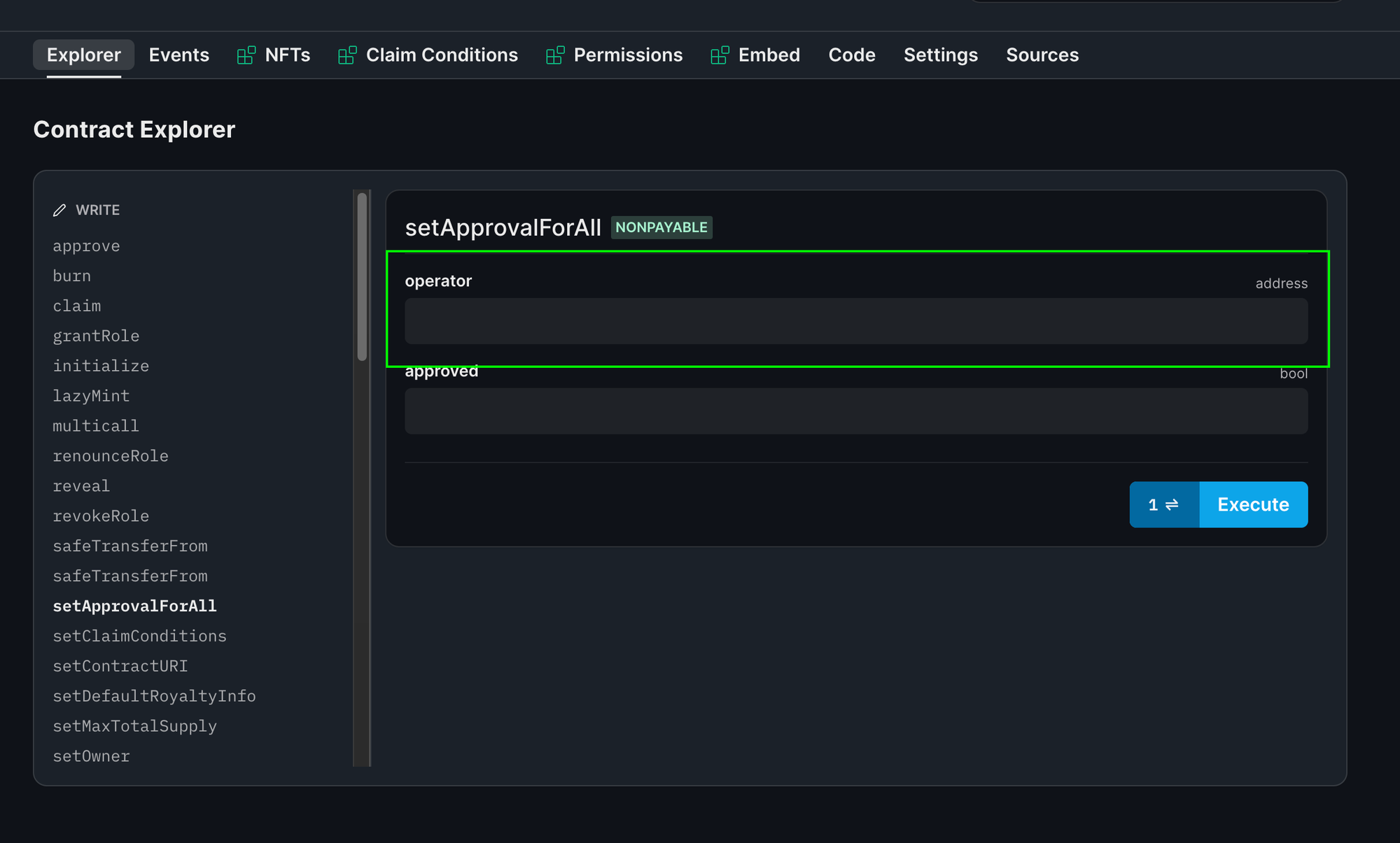 setApprovalForAll function on the NFT contract. Enter your staking contract address as an operator and execute.