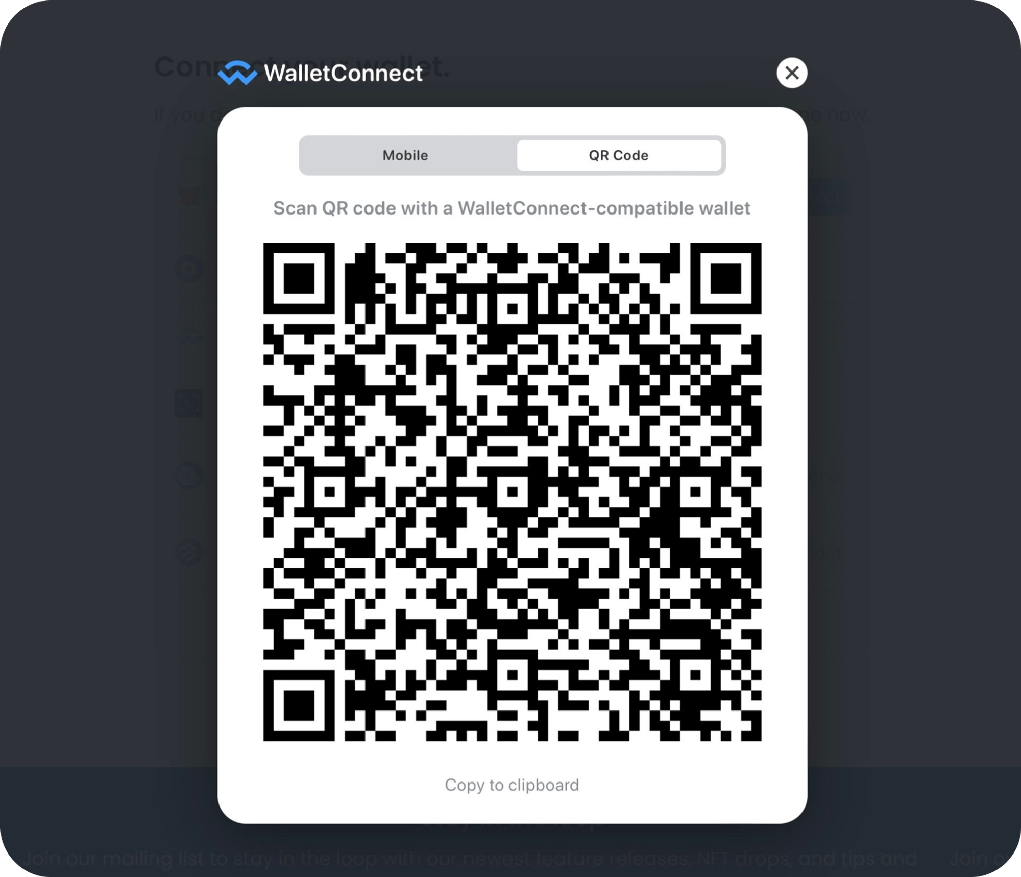 ‘Wallet Connect’를 누르고 QR code 옵션을 누르면 지갑을 연결할 수 있는 QR코드가 나타남.