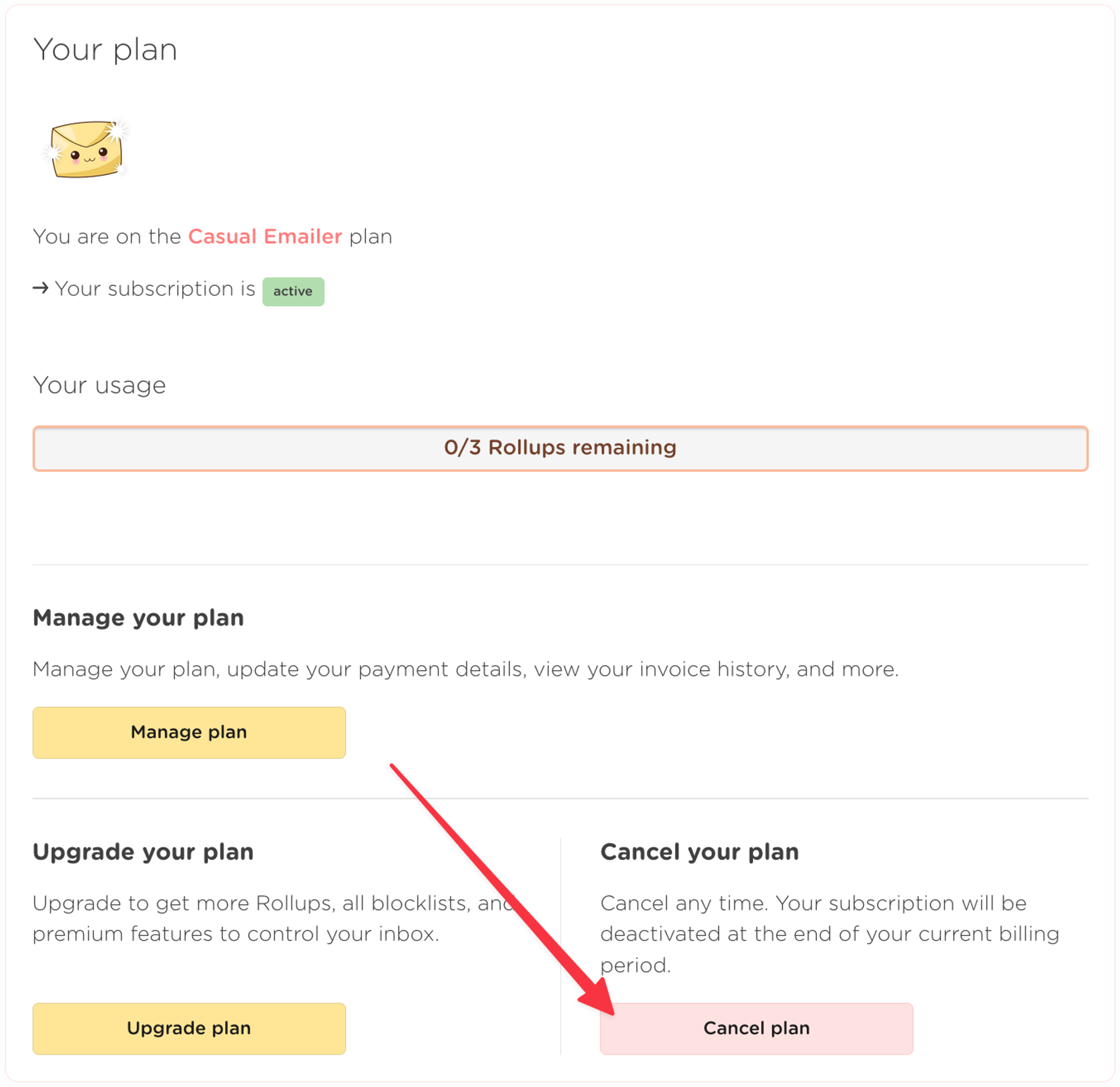 Cancel your plan from the billing page