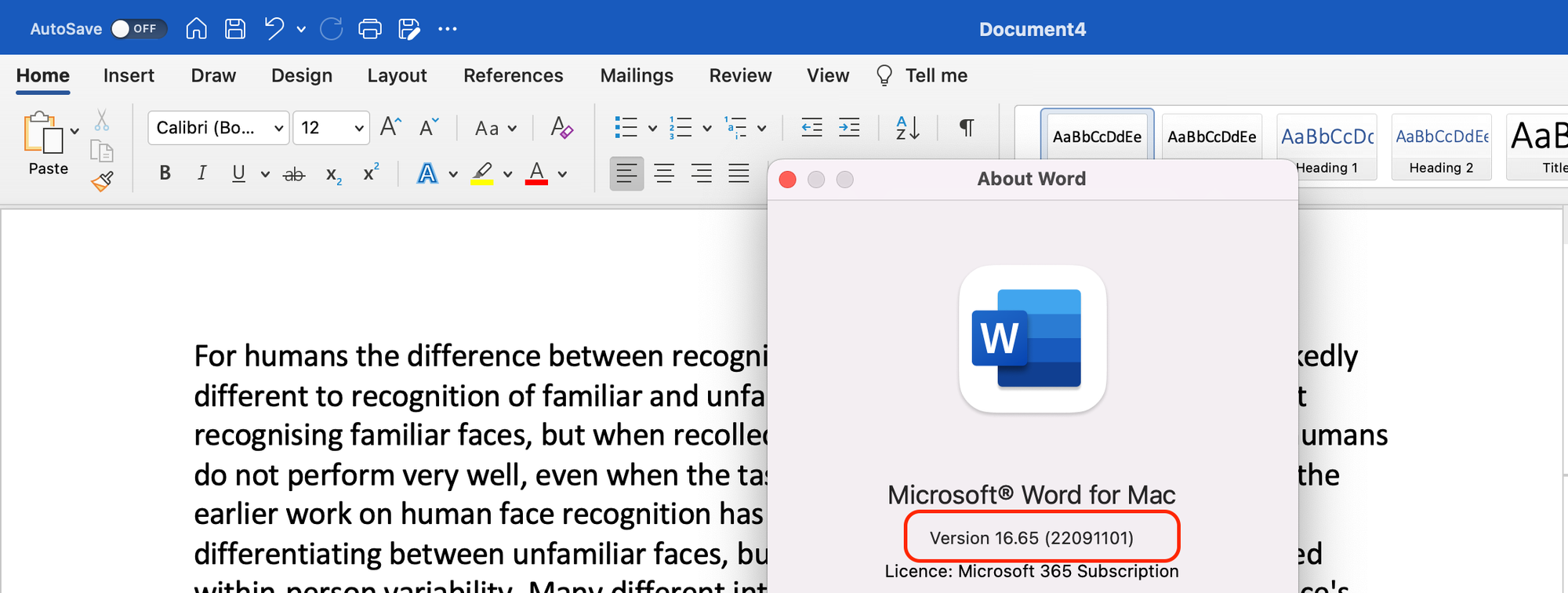 After clicking the About Microsoft Word Menu, we can see our version