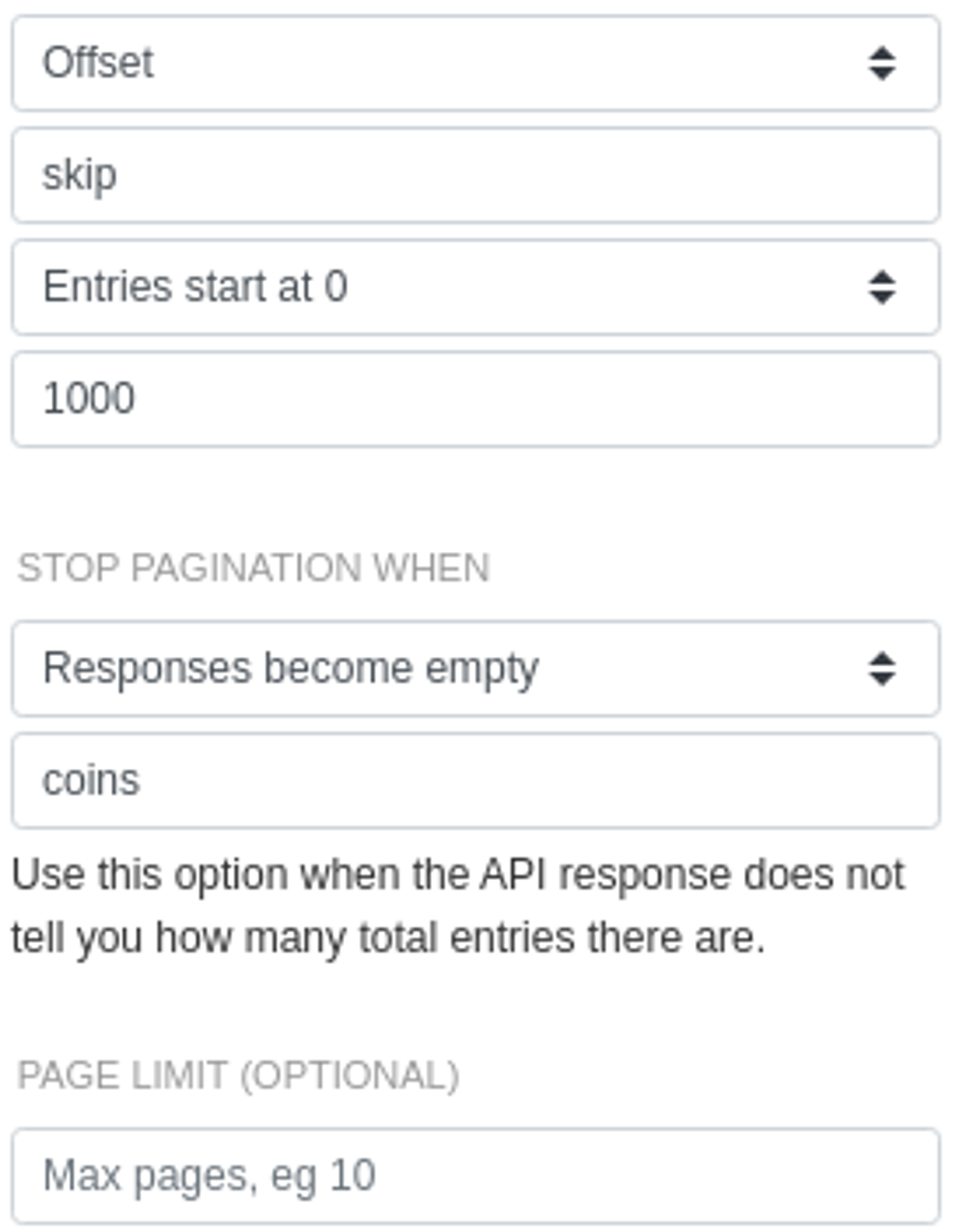 The final result: the CoinStats API is now fully configured for page-based pagination.