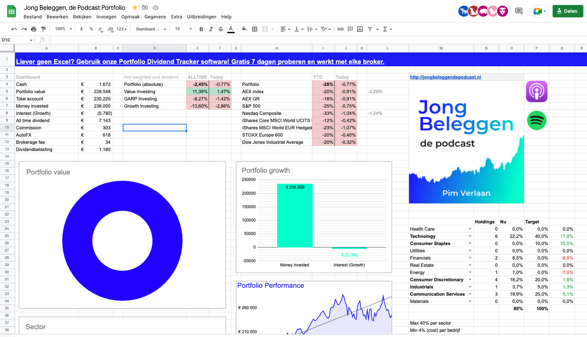 Voorbeeld hoe een portfolio tracker in Excel of Sheets eruit kan zien.