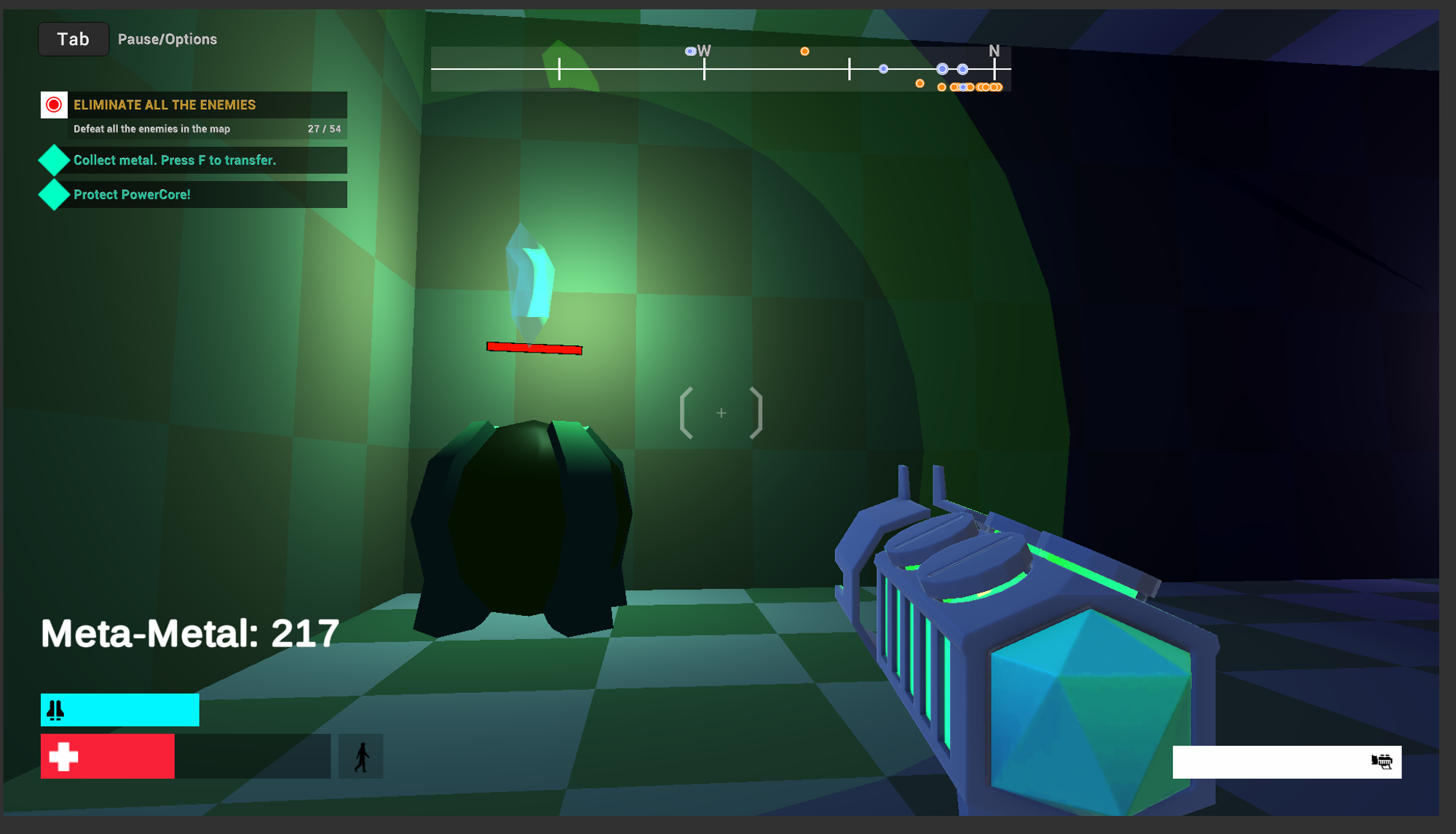 The player spawn unit has a green aura around it to indicate it is a healing sphere.  The Goal indicators in the top left give the player instructions on how to further use the friendly spawn unit.  Under its own power, it generates a set amount of meta-metal every second and eventually would spawn a friendly drone, but you can inject meta-metal into it by stepping close to it and holding F — allowing it to spawn friendly drones at a accelerated rate. 
