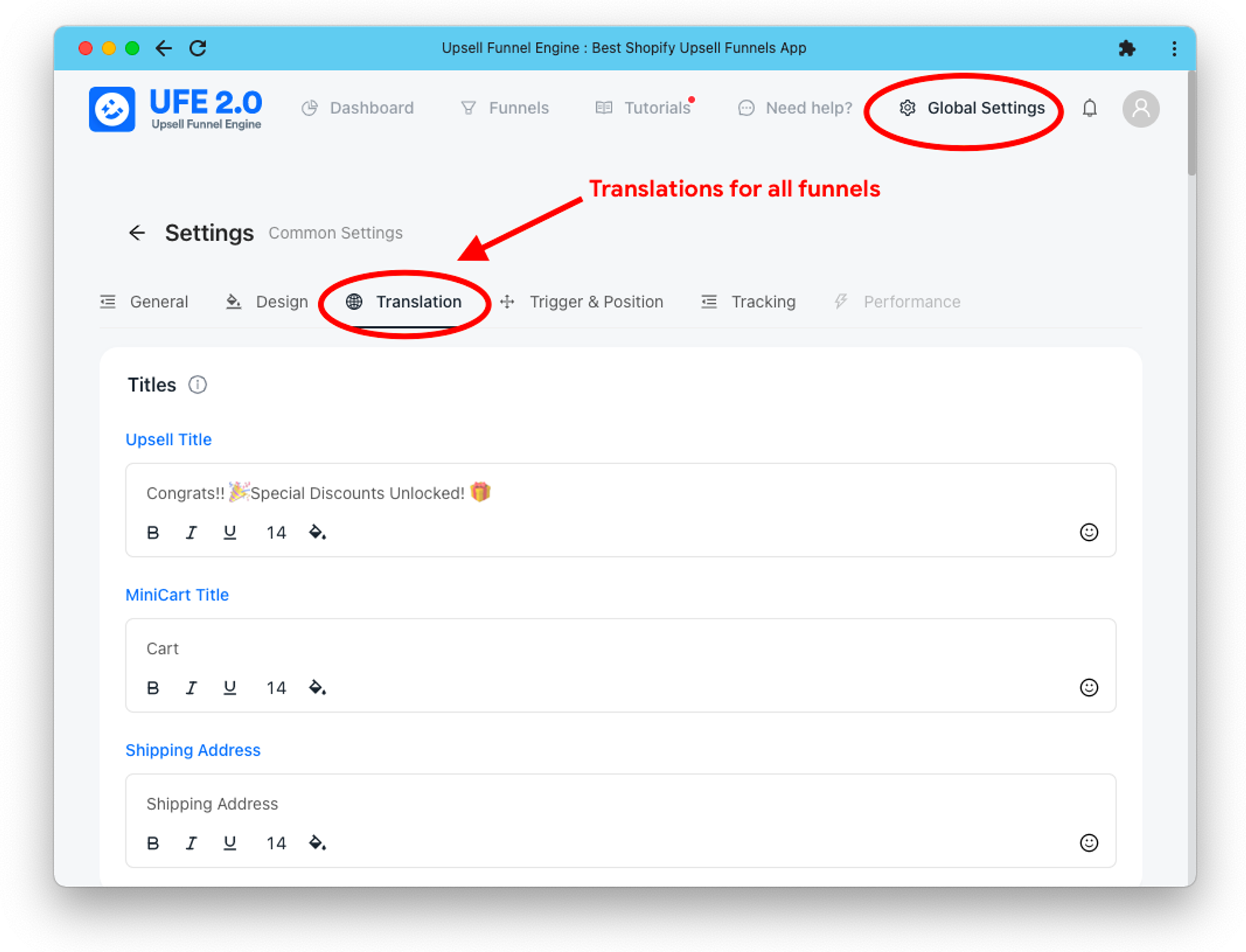 Global Translations in Upsell Funnel Engine App
