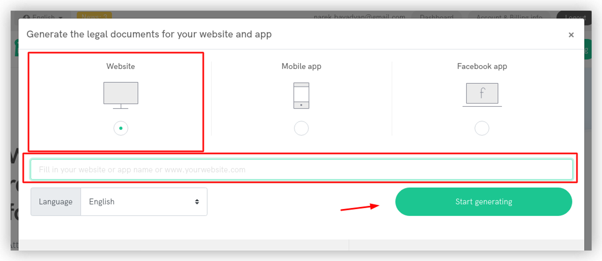 Choosing the “Website” option