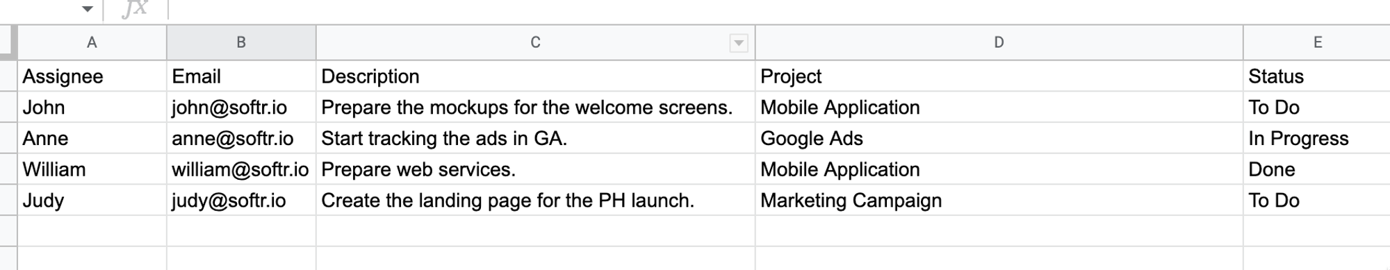 Field names and values on Google Sheets