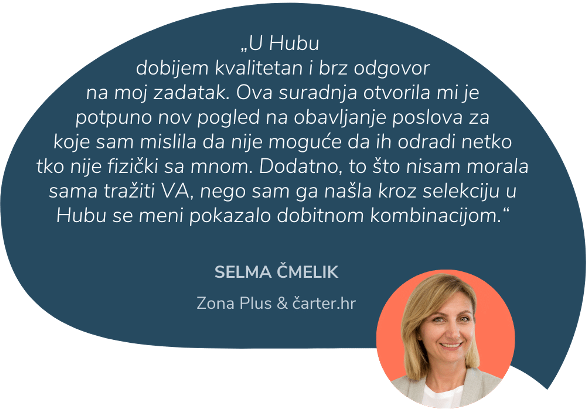 Selma Čmelik vlasnica je agencije za digitalni marketing Zona plus i pokretačica portala čarter.hr. Asistenti Go2human Huba Selmi su pomogli kod izrade i prenamjene sadržaja za web.
