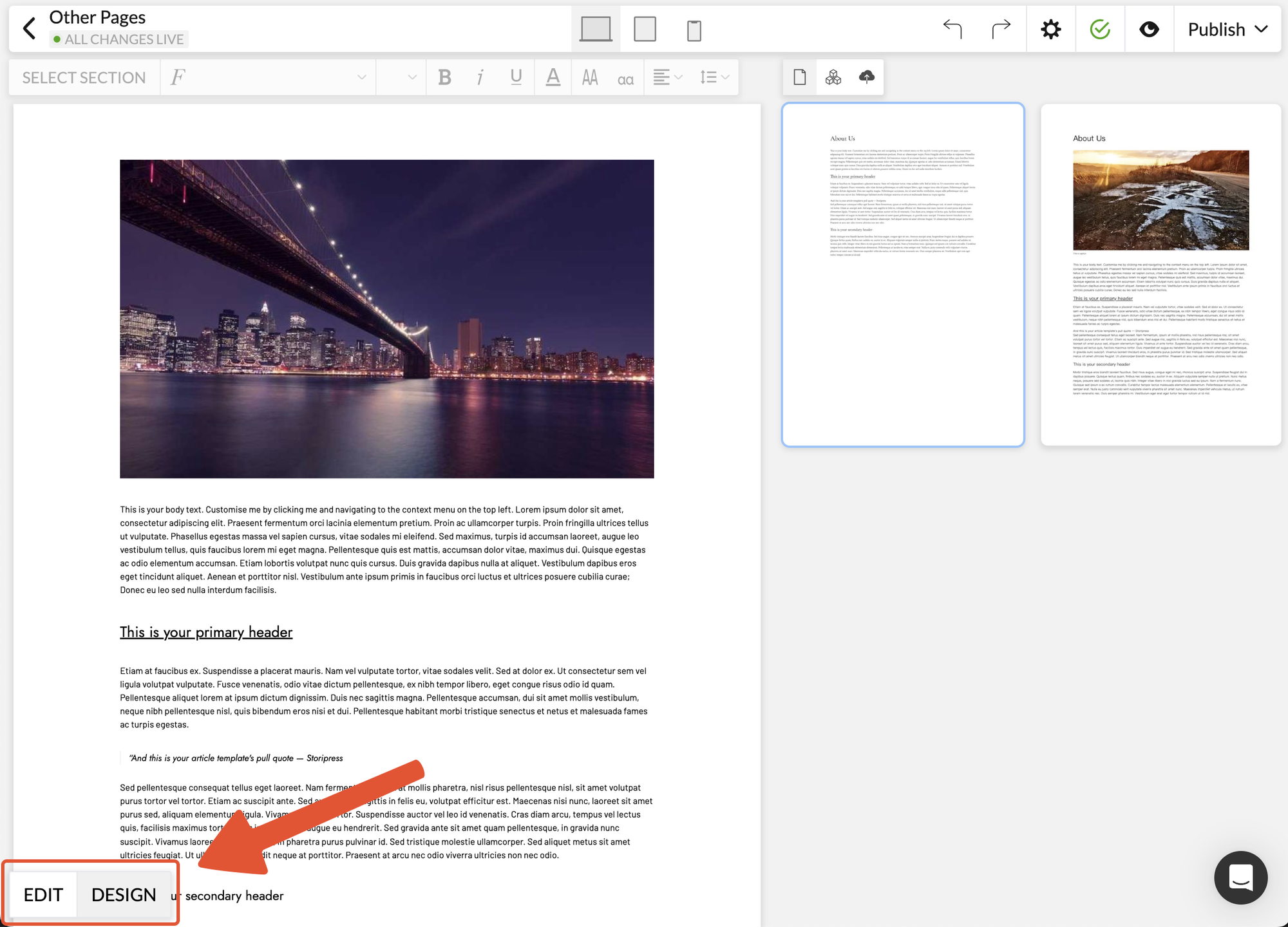 2. Edit the layout of your page using the Design toggle and add your content to your page using the Edit toggle