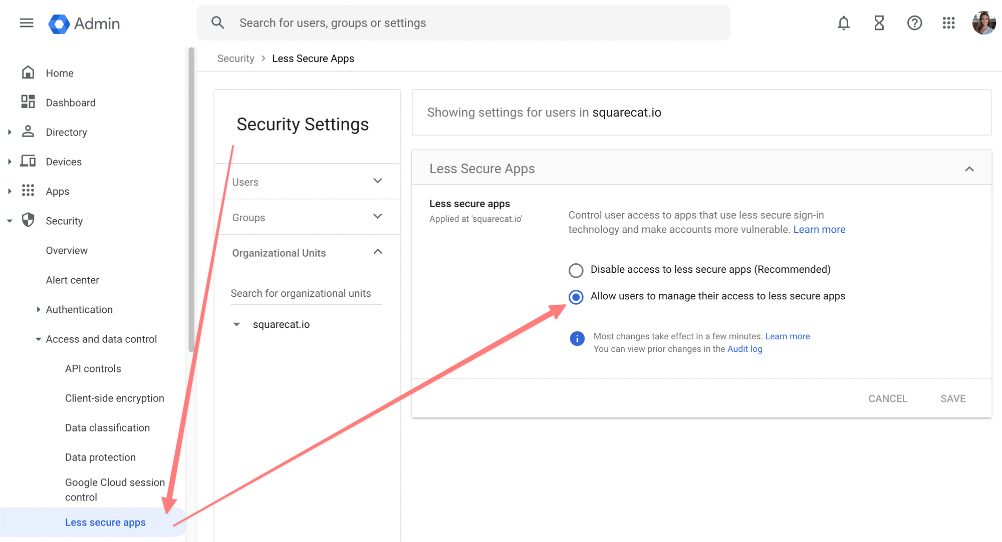 Steps to allow users to manage their access to less secure apps in Google Workspace Admin dashboard