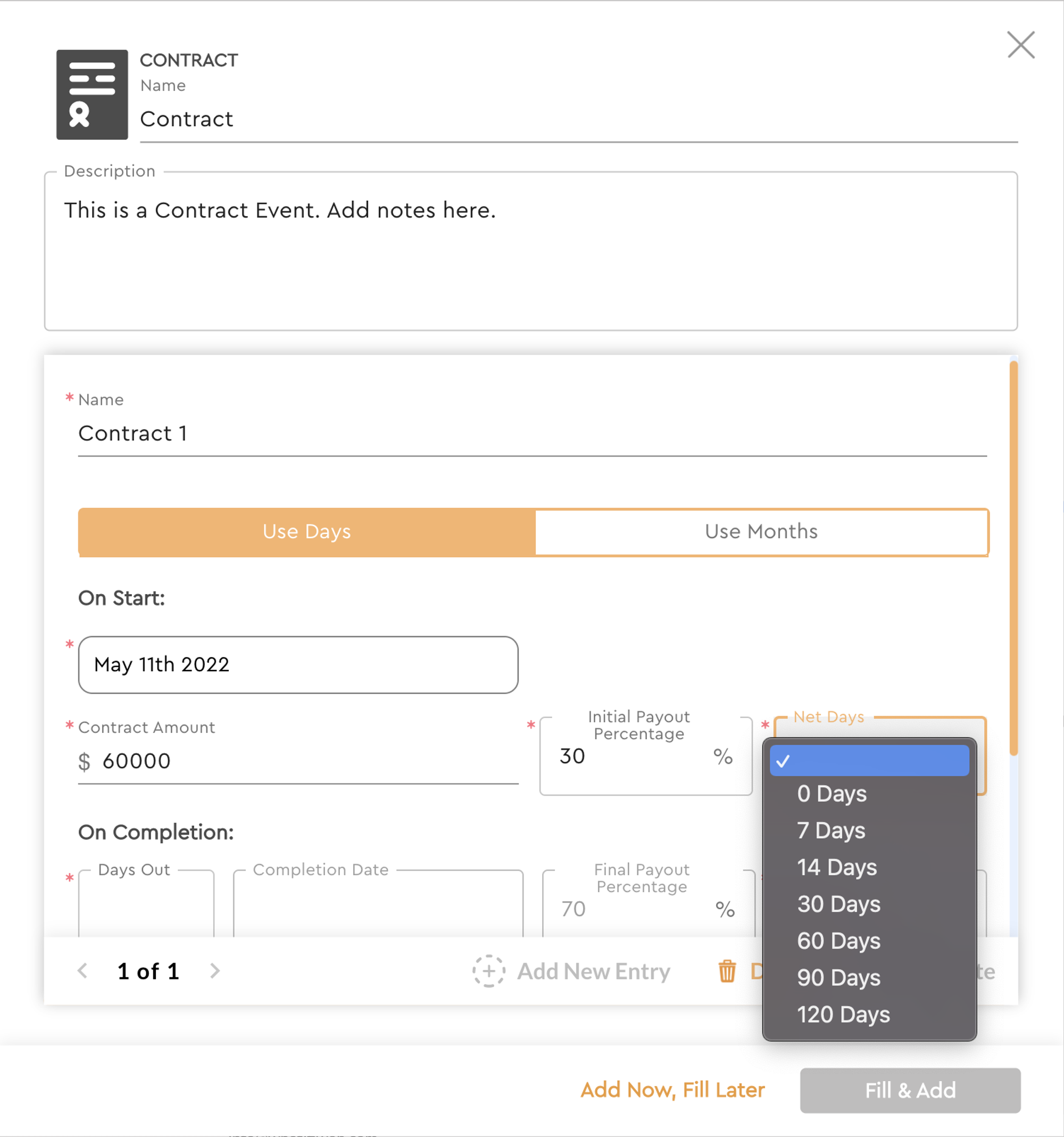 An example of an Edit Details Panel for the Contract Event.